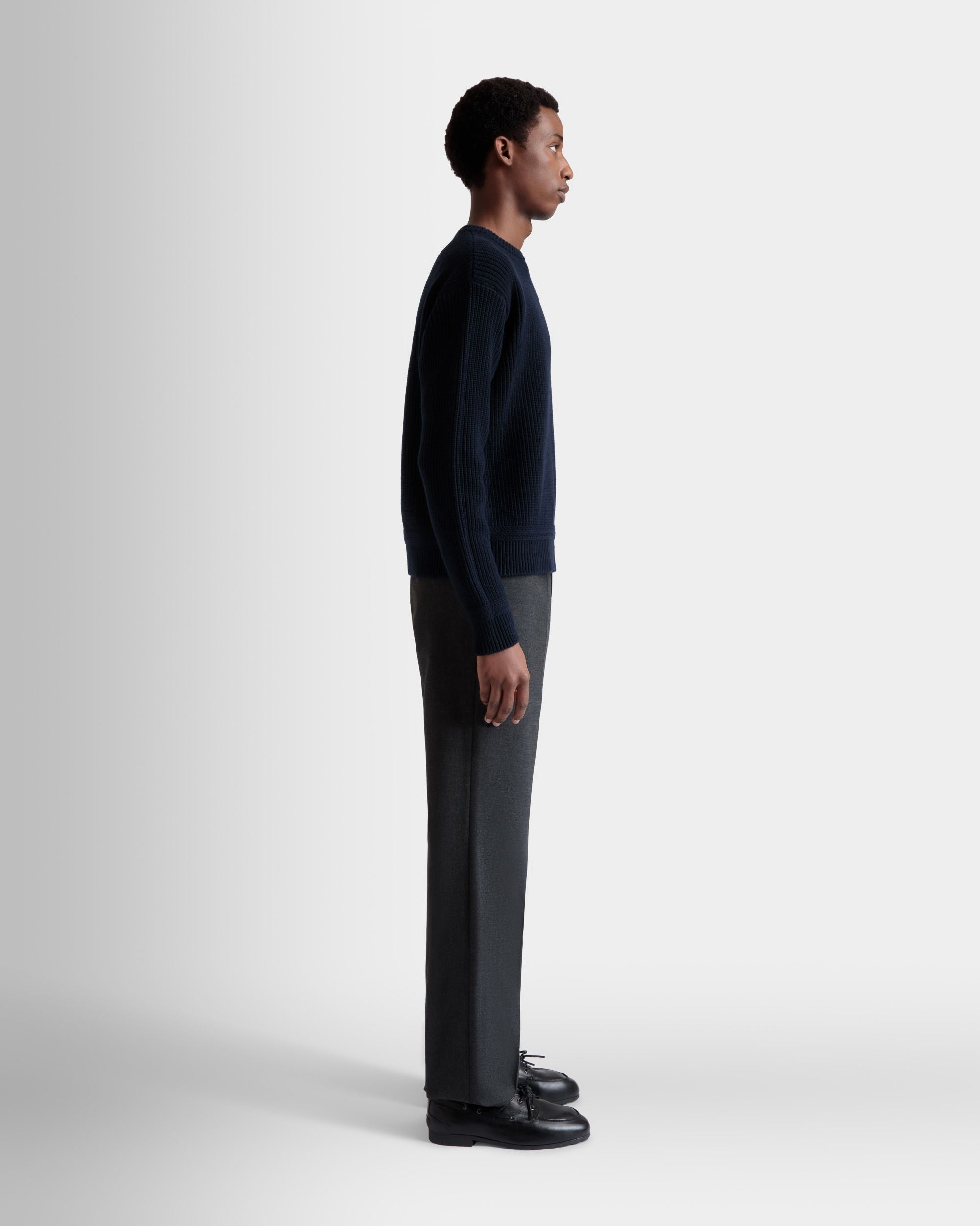 Crewneck Sweater With Bally Crest Logo in Navy Blue Wool - Men's - Bally - 06