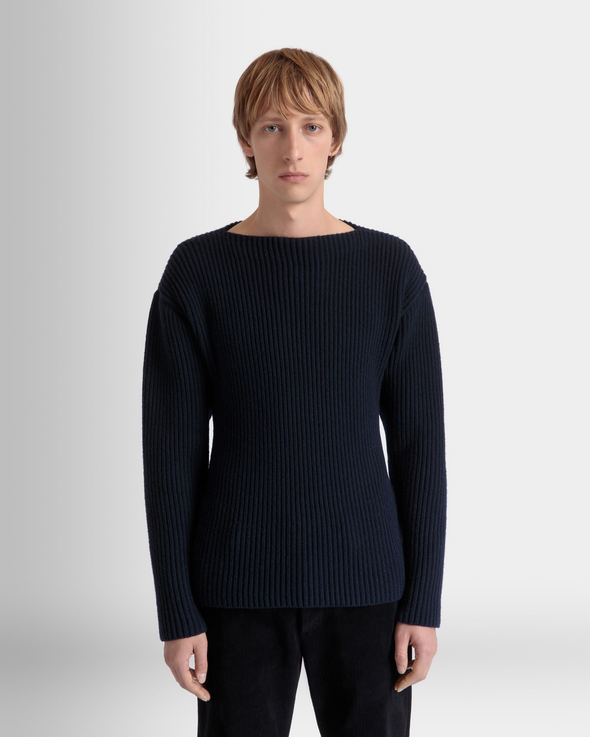 Crewneck Sweater In Navy Blue Wool - Men's - Bally - 03