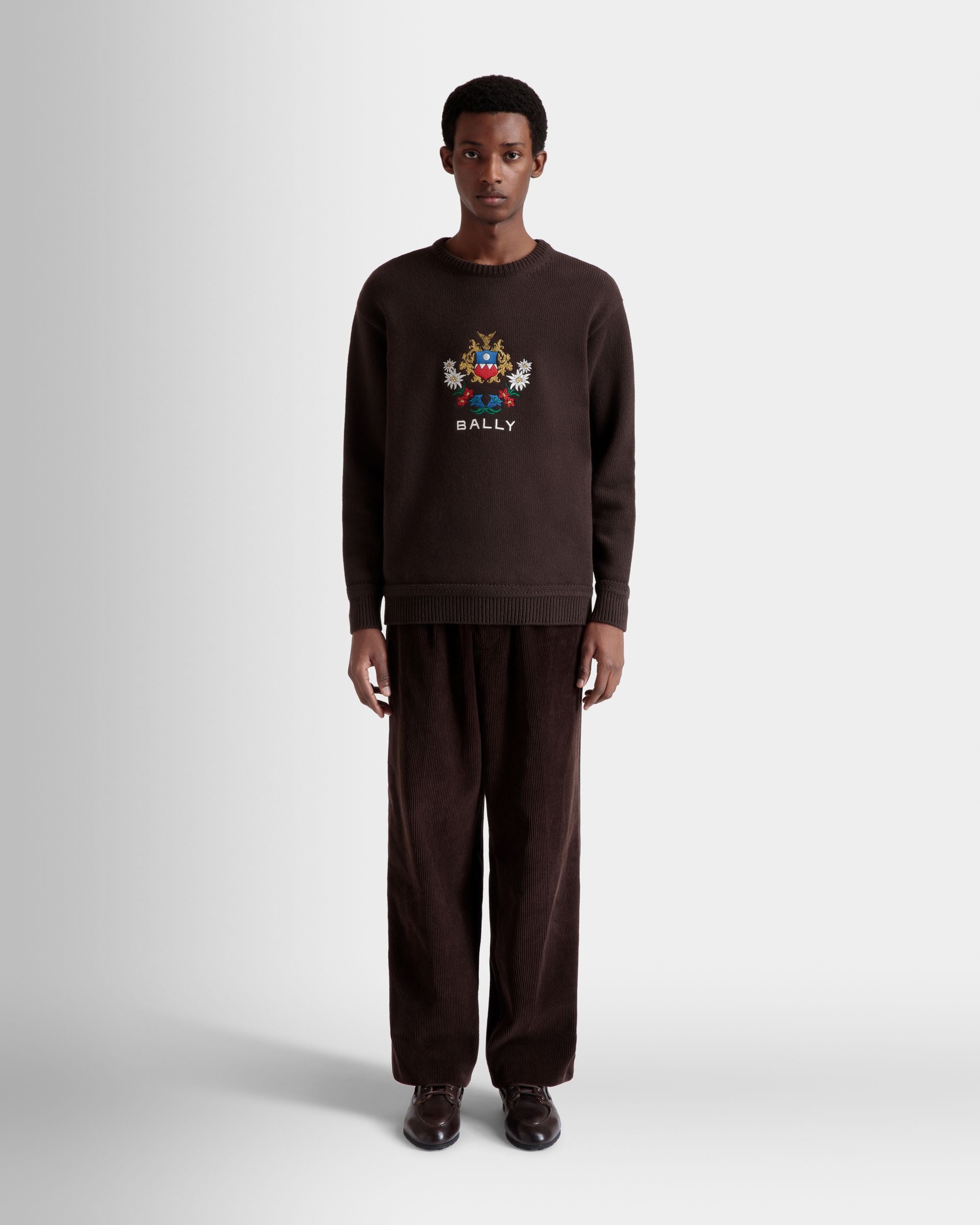 Winter Capsule Crewneck Sweater With Alpine Flowers in Ebano Wool - Men's - Bally - 02