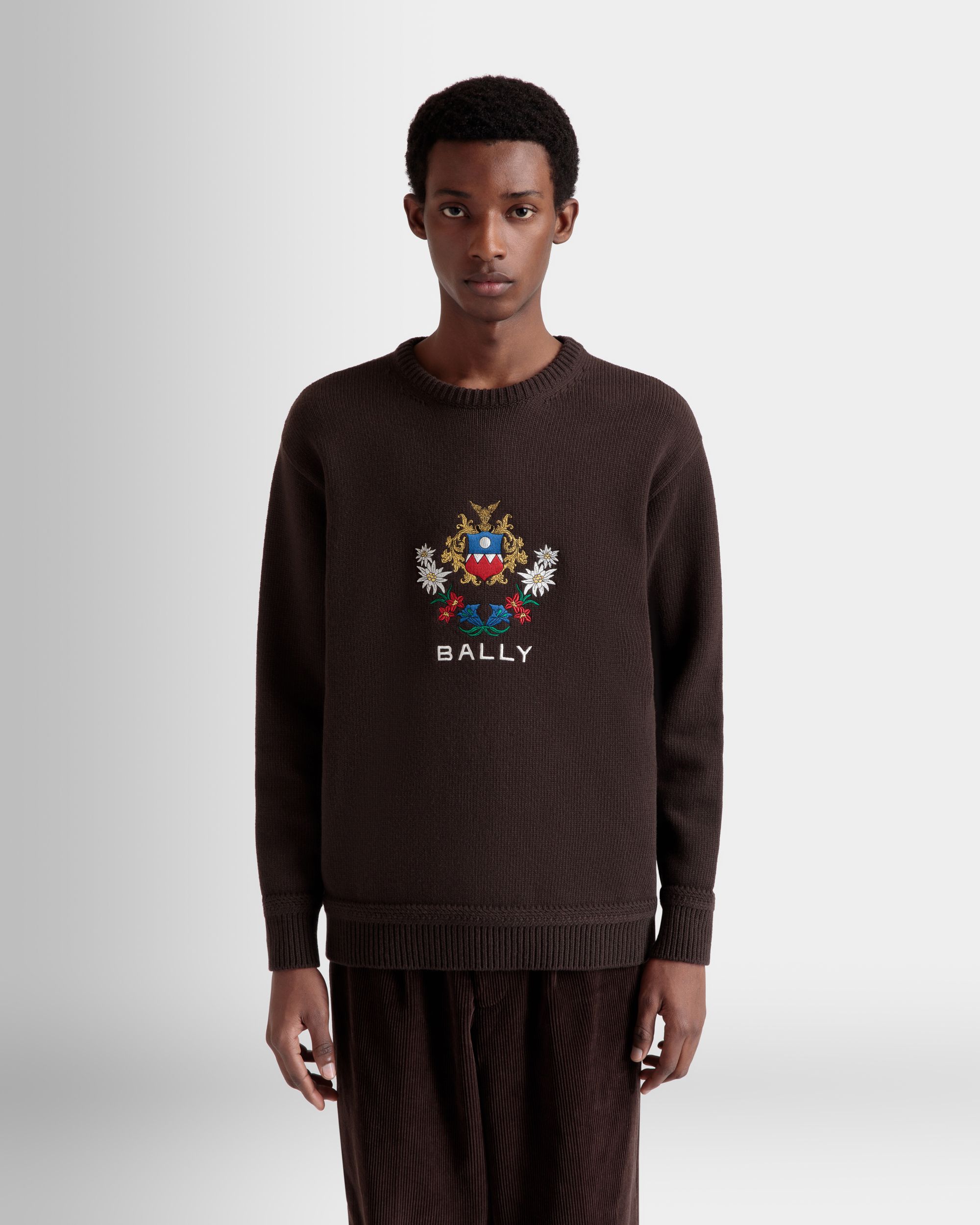 Winter Capsule Crewneck Sweater With Alpine Flowers in Ebano Wool - Men's - Bally - 08