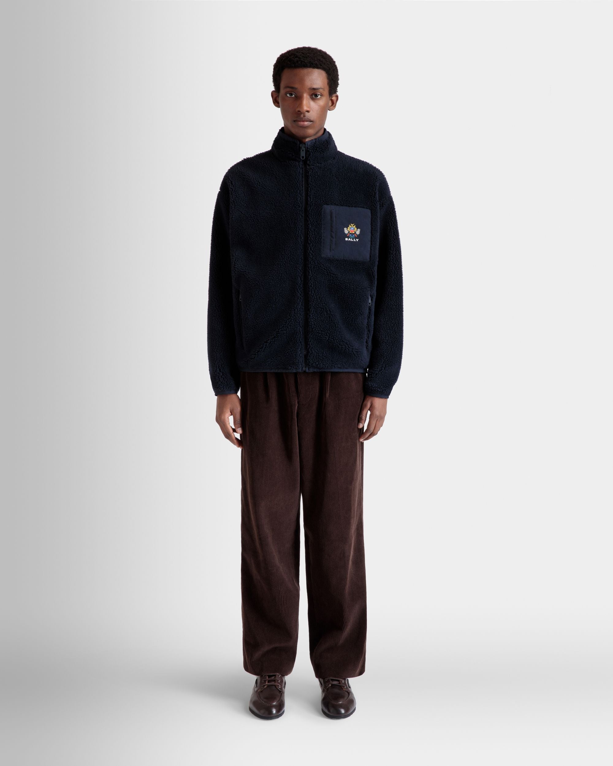 Winter Capsule Full Zip Sweashirt With Alpine Flowers in Navy Blue Fleece - Men's - Bally - 02