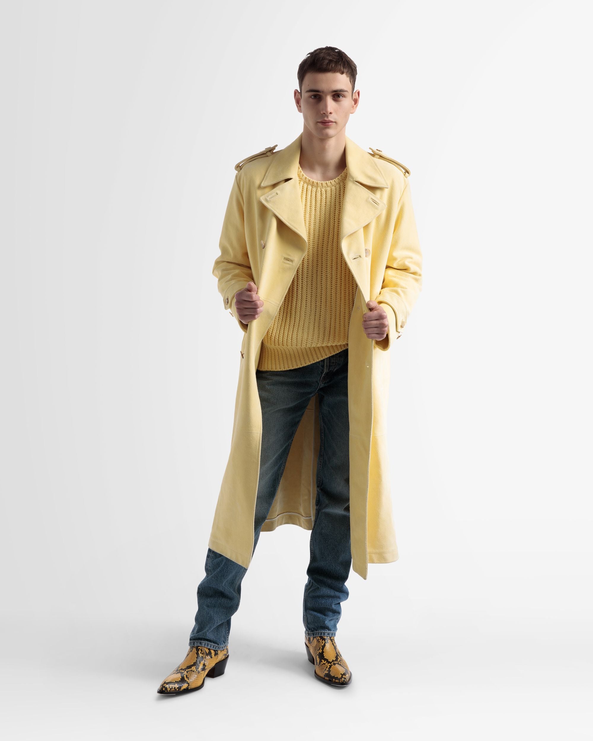 Leather Belted Trench Coat In Yellow - Men's - Bally - 01