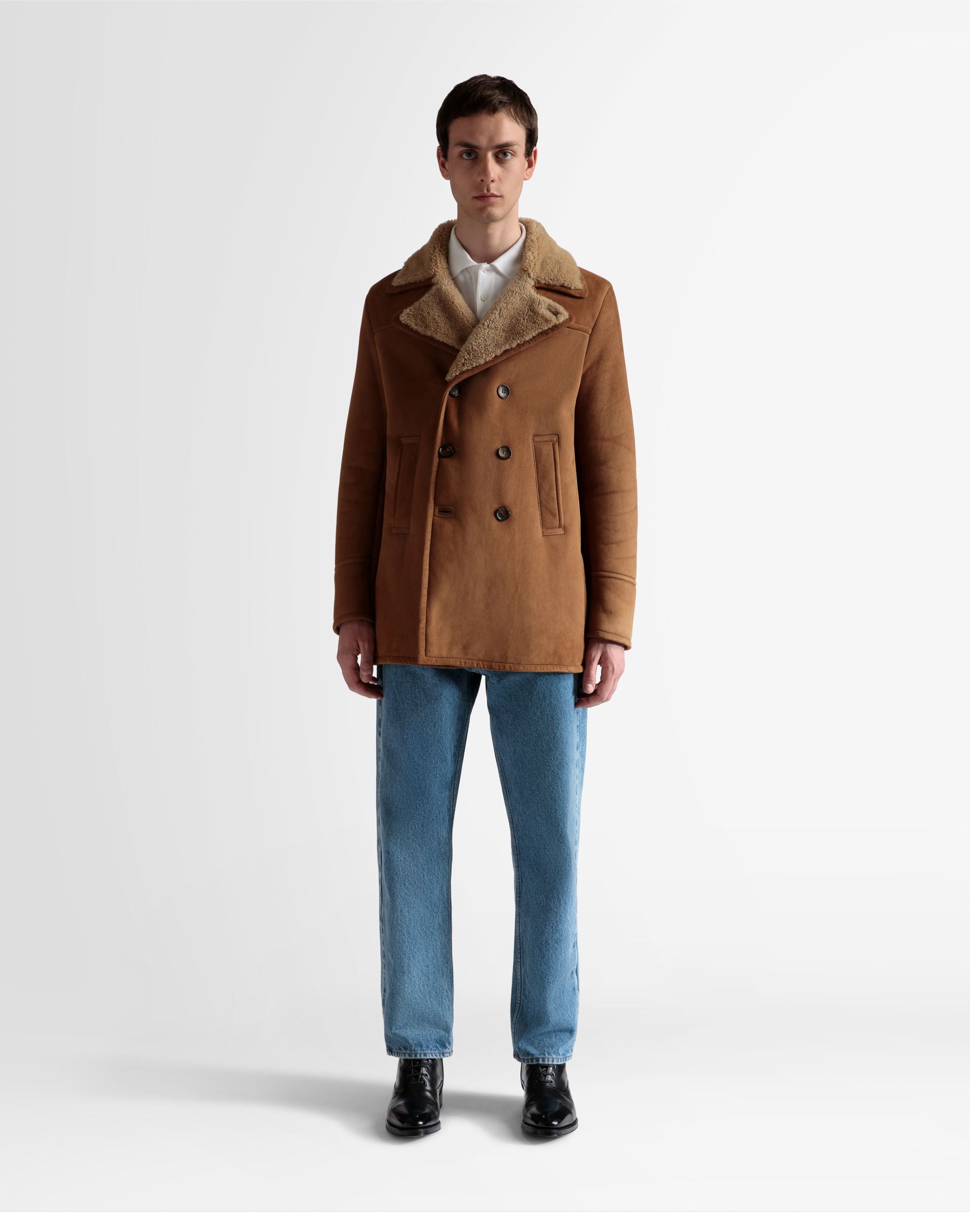 Double Breasted Shearling Coat In Brown Suede - Men's - Bally - 02