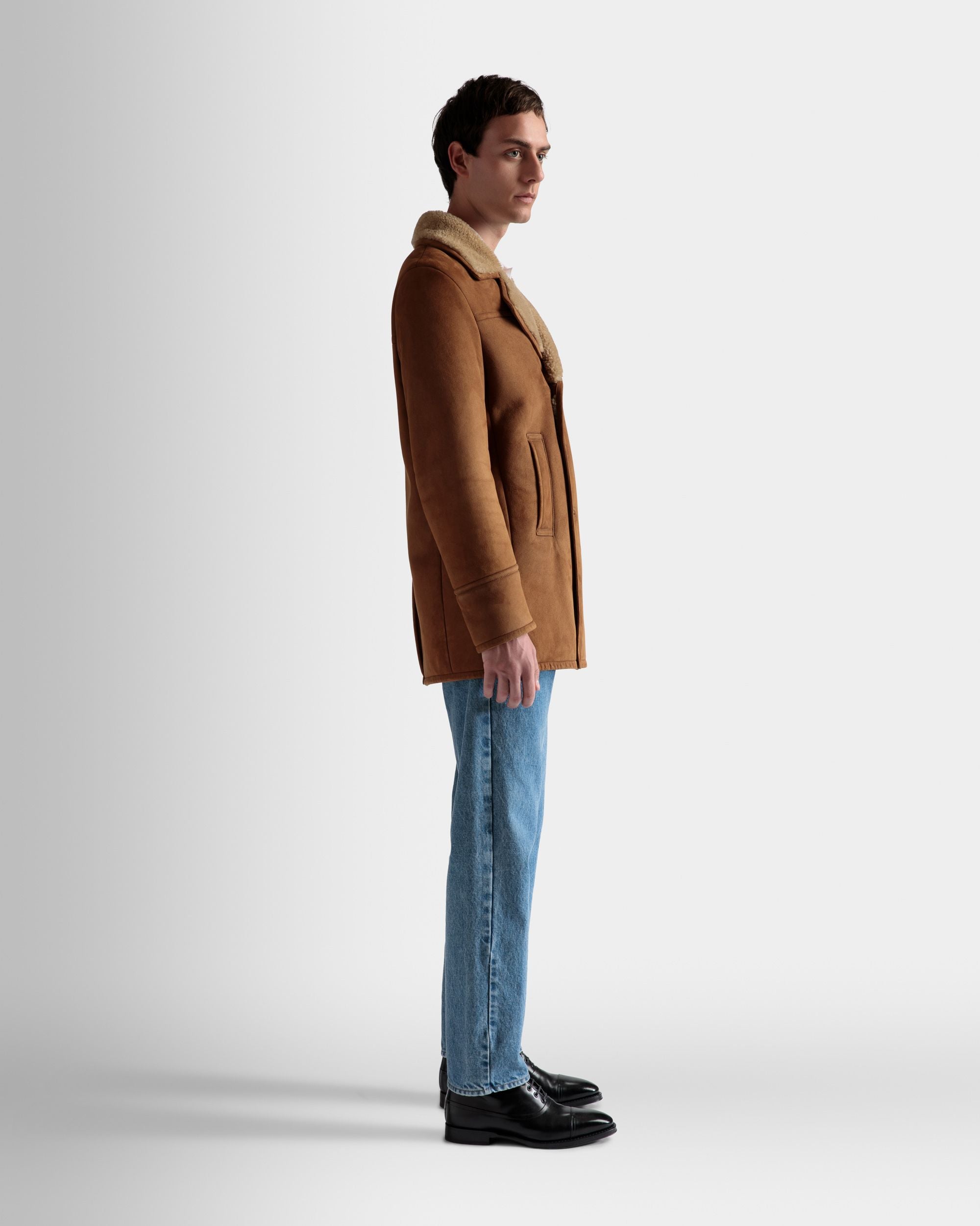 Double Breasted Shearling Coat In Brown Suede - Men's - Bally - 05