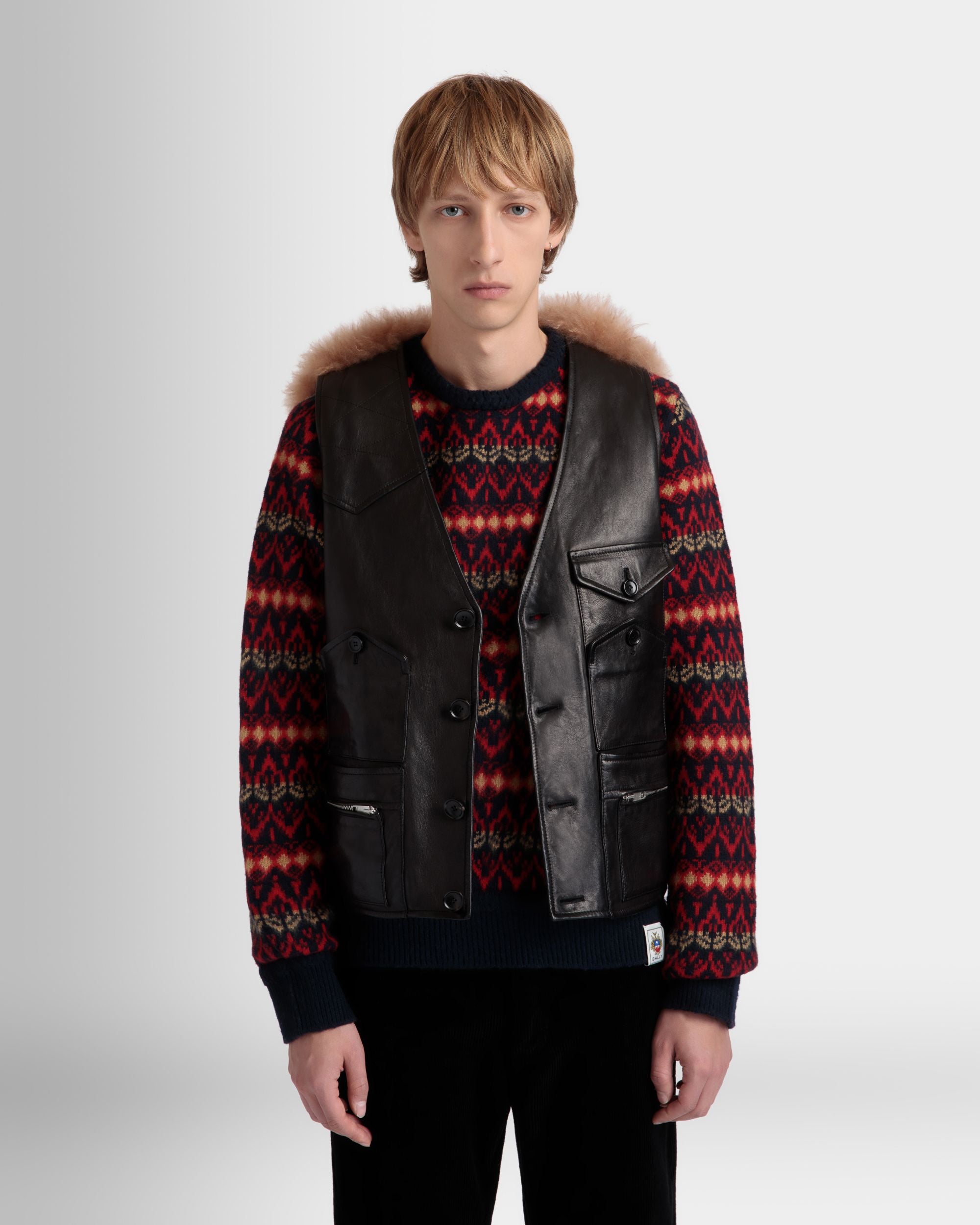 Vest With Shearling Insert In Black Leather - Men's - Bally - 03