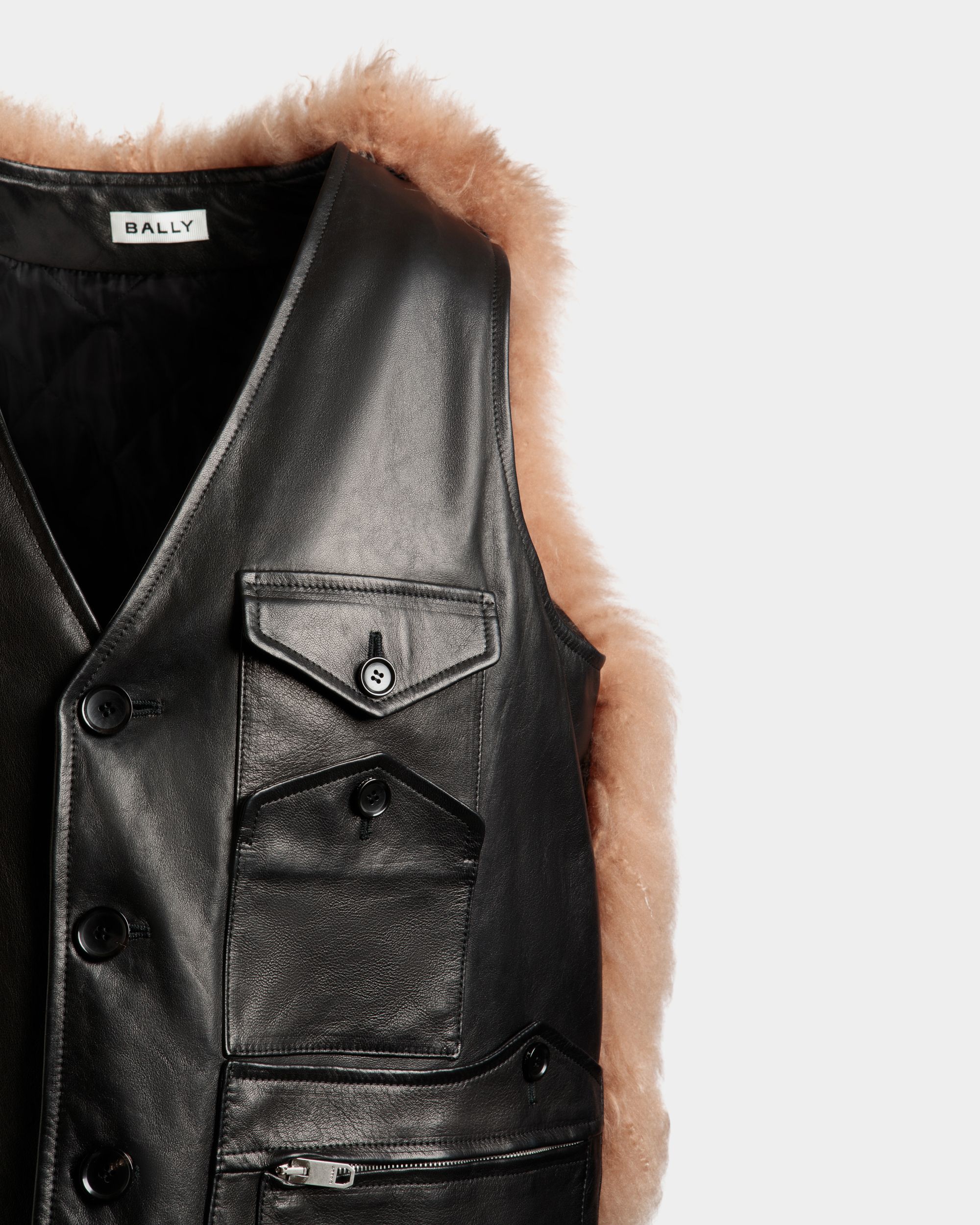 Vest With Shearling Insert In Black Leather - Men's - Bally - 04