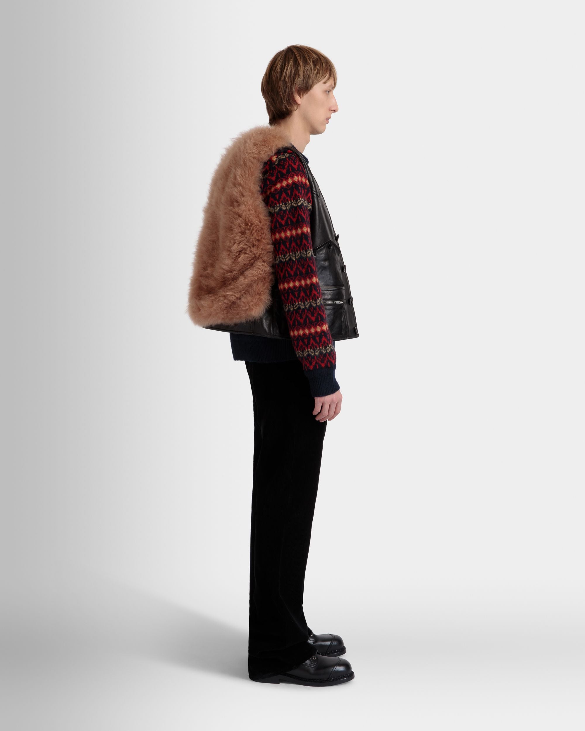 Vest With Shearling Insert In Black Leather - Men's - Bally - 05