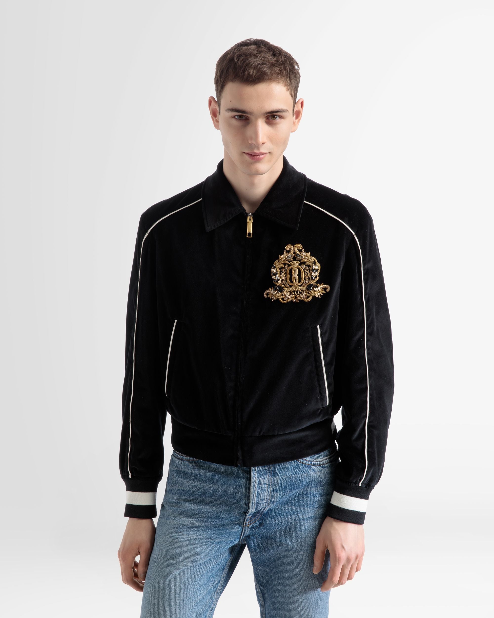 Embroidered Velvet Bomber Jacket In Black - Men's - Bally - 02
