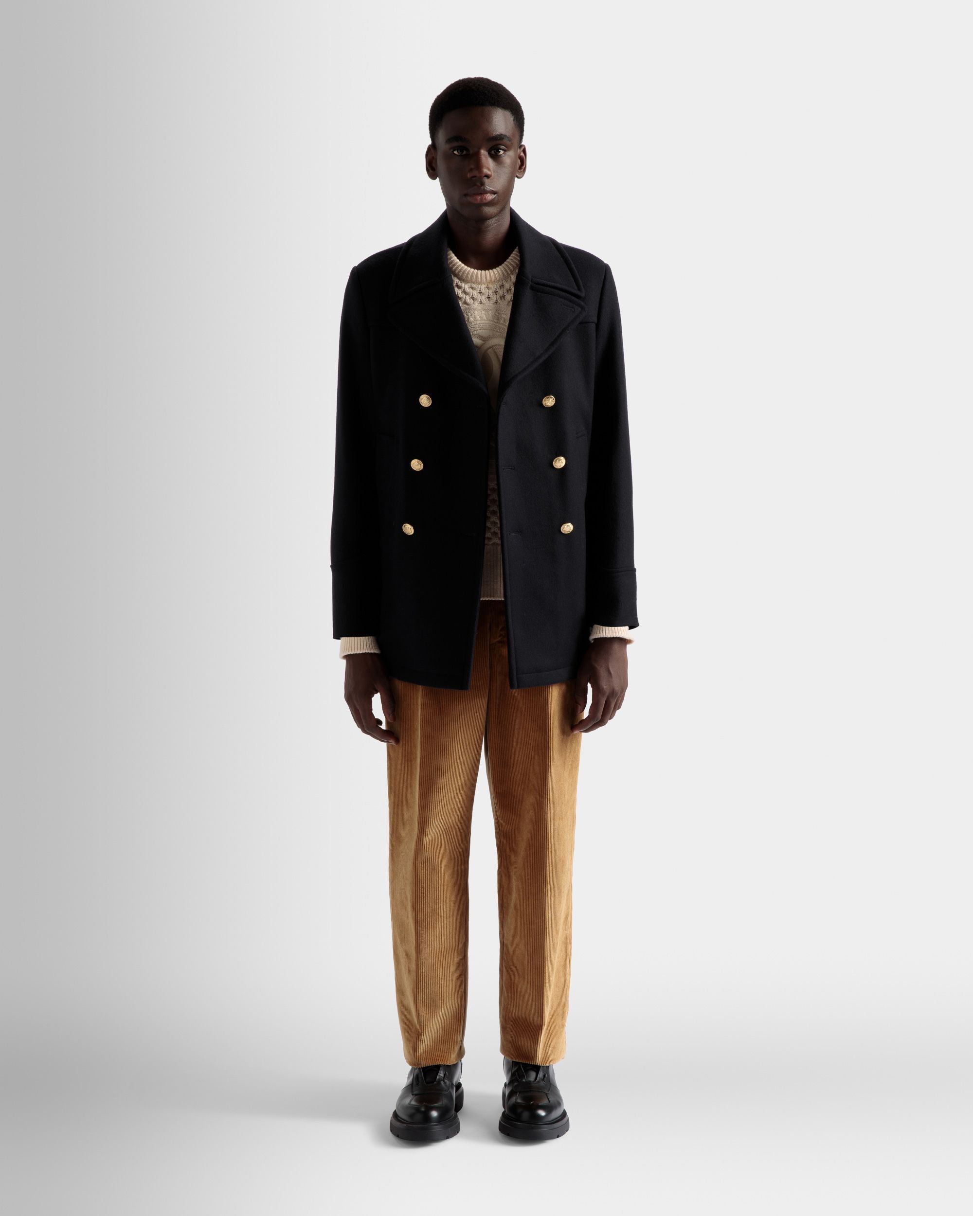 Double Breasted Coat In Navy Wool Mix - Men's - Bally - 02