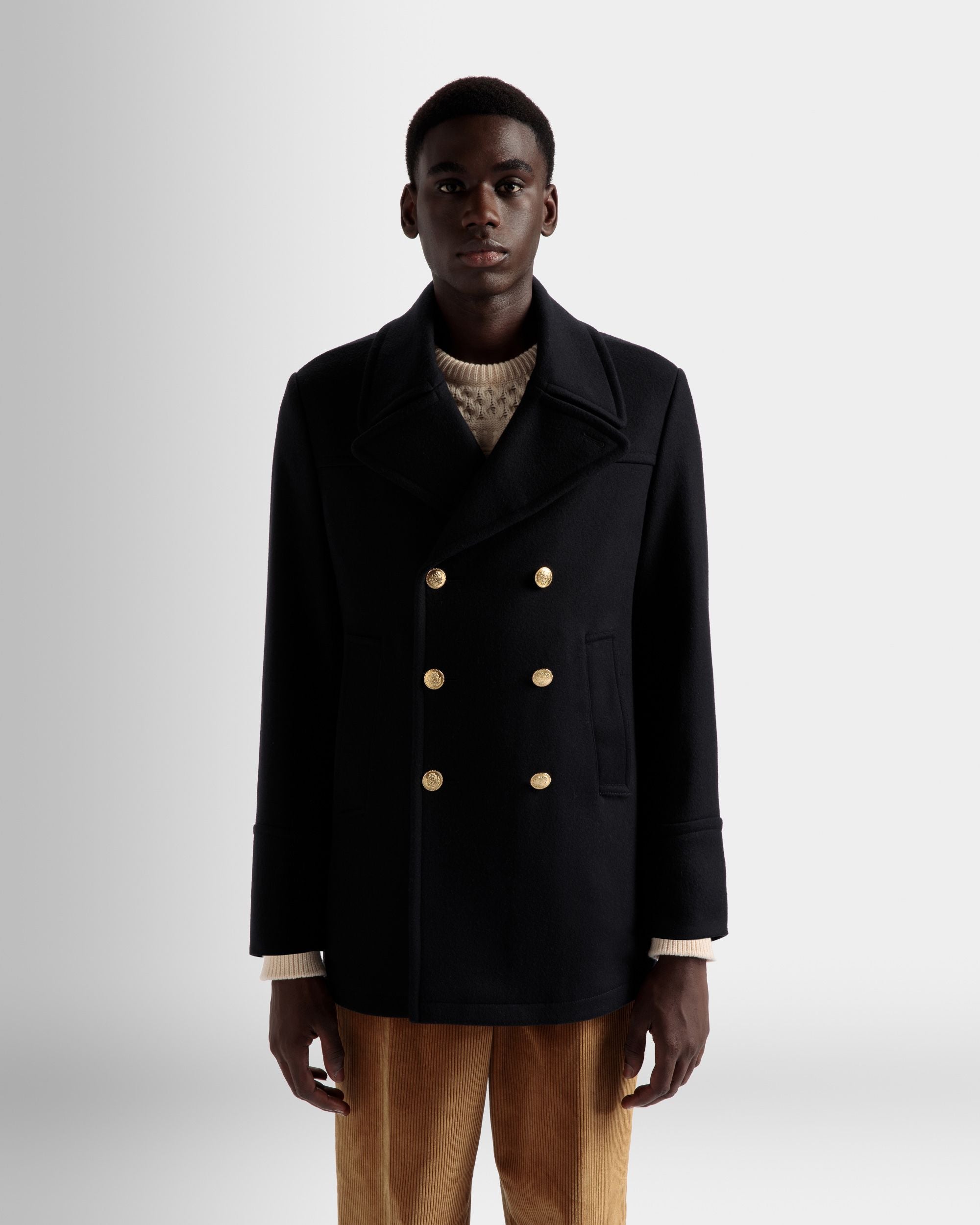 Double Breasted Coat In Navy Wool Mix - Men's - Bally - 03