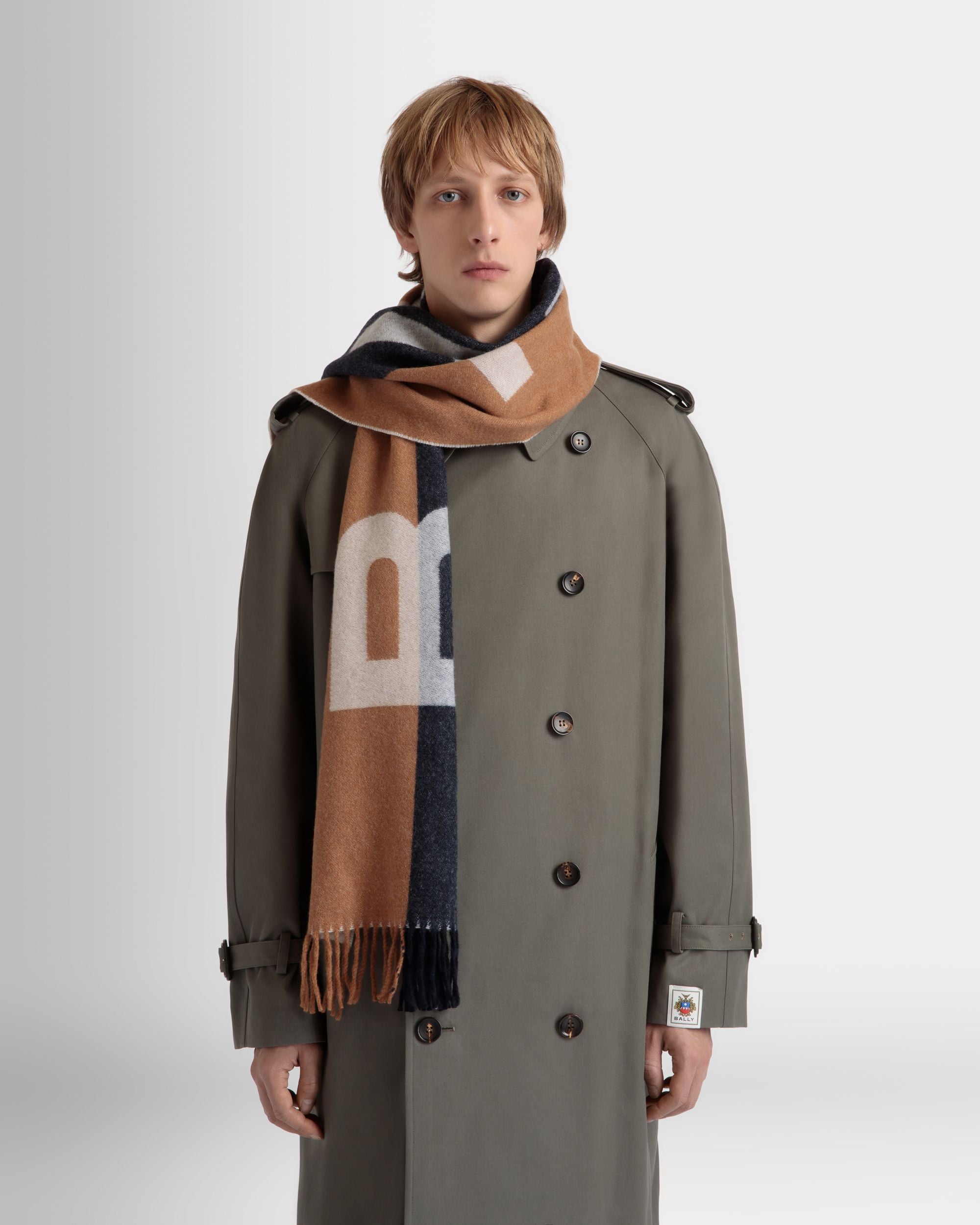 Scarf With Logo In Brown And Navy Blue Cashmere Blend - Men's - Bally - 02