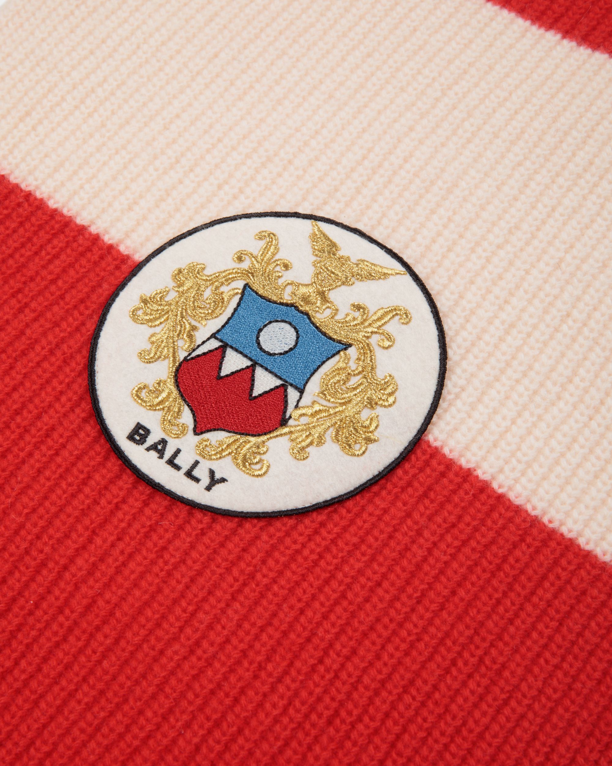 Scarf With a Bally Crest Logo in Candy Red and Ivory Wool - Men's - Bally - 02