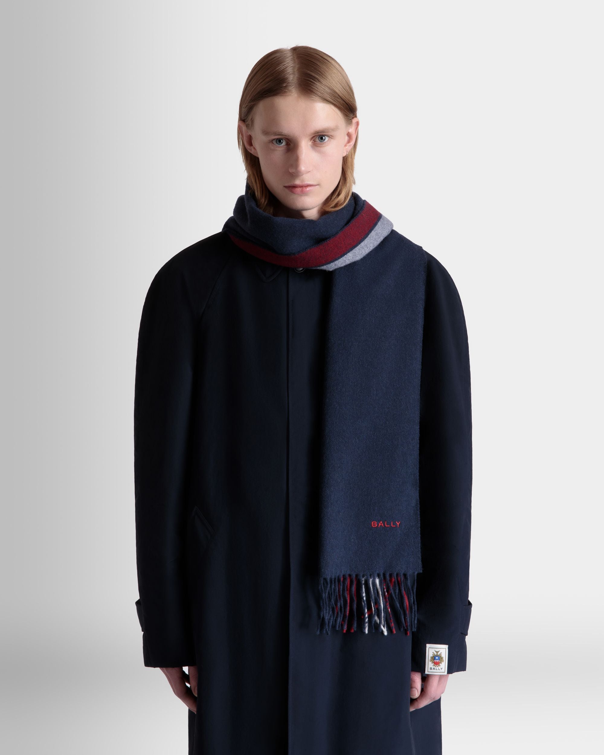 Scarf With Bally Ribbon in a Navy Blue Cashmere Blend - Men's - Bally - 02