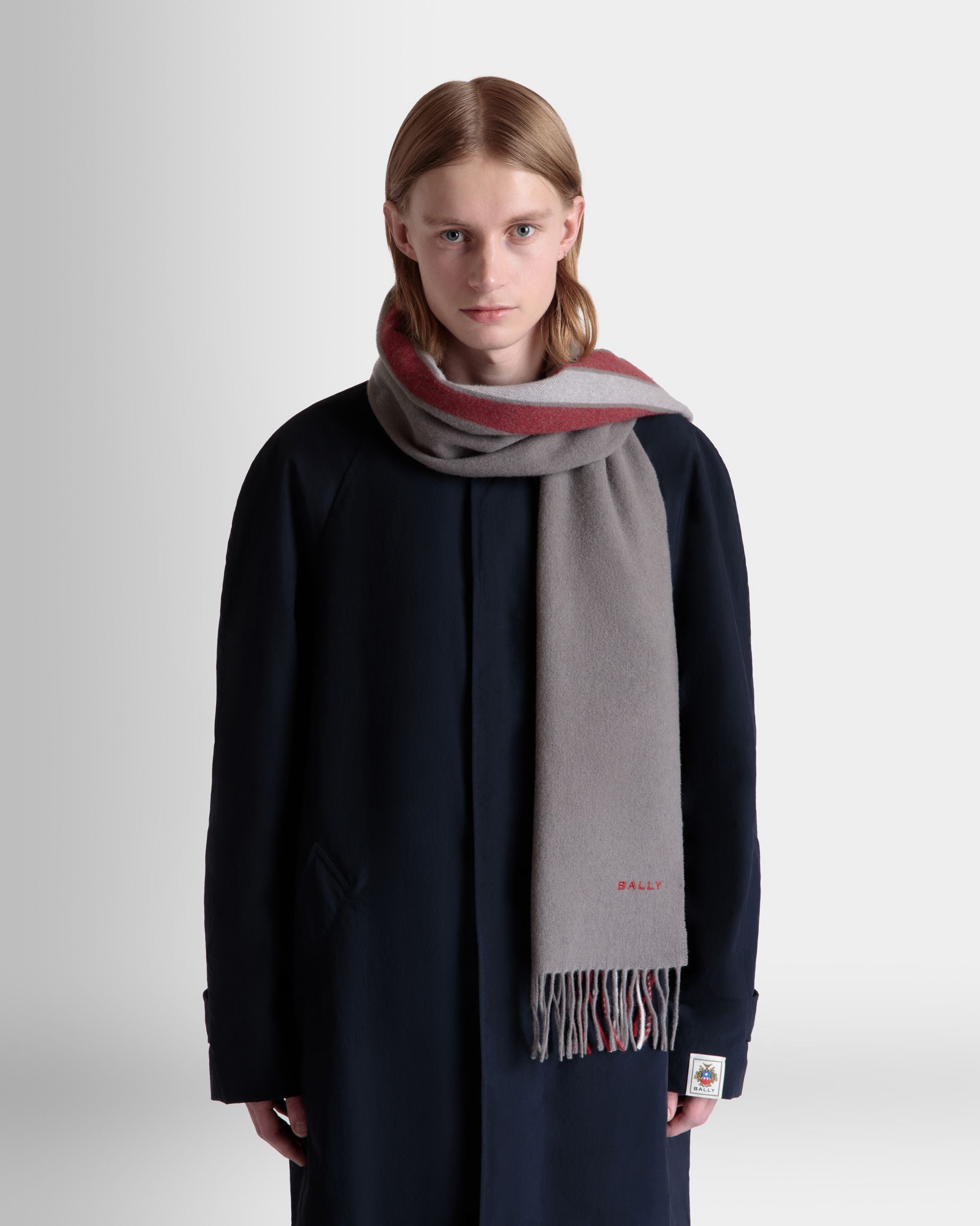 Scarf With Bally Ribbon in a Dark Grey Cashmere Blend - Men's - Bally - 02