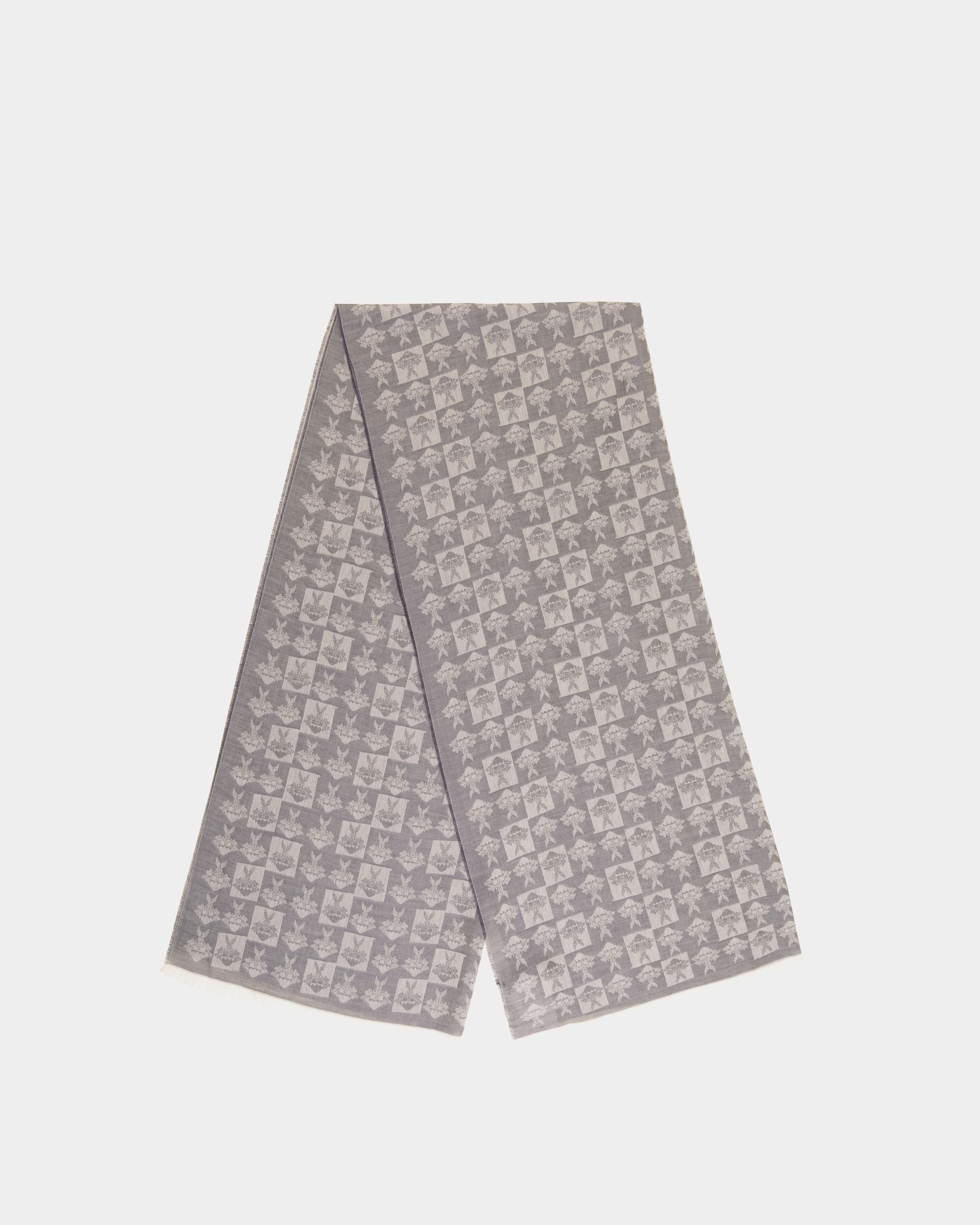 Scarf with an Allover Crest Print in Navy Blue Silk and Cashmere - Men's - Bally - 01