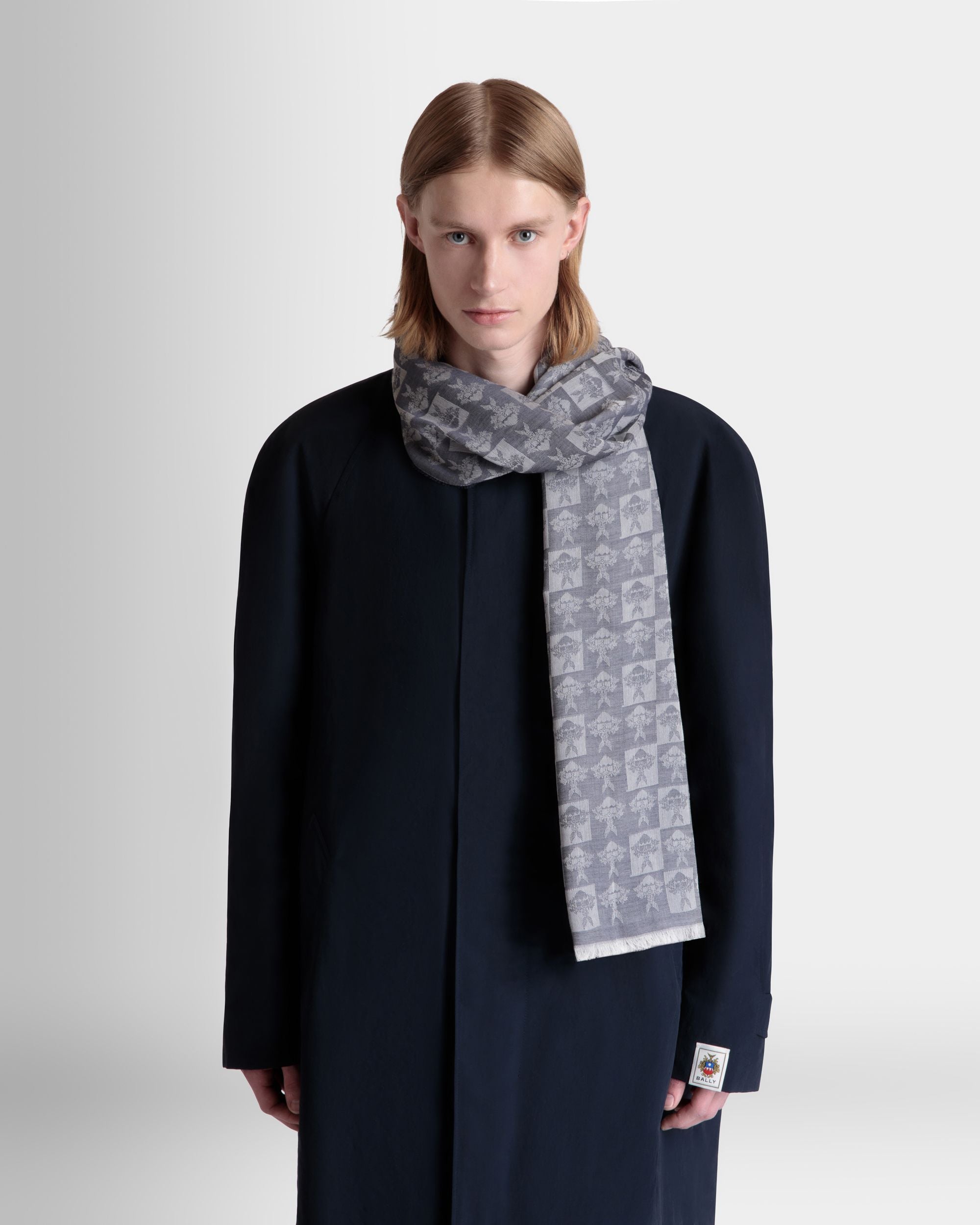 Scarf with an Allover Crest Print in Navy Blue Silk and Cashmere - Men's - Bally - 02