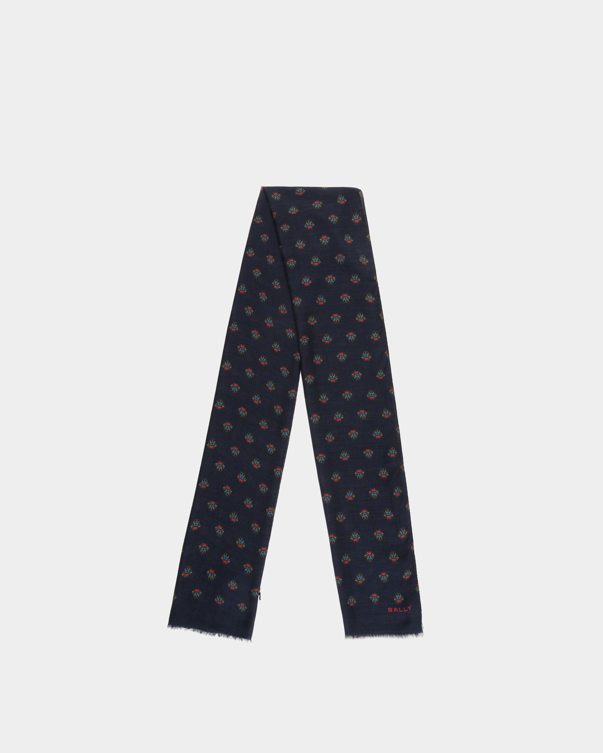 Scarf With an Allover Bally Crest Print in Navy Blue Modal And Cashmere - Men's - Bally - 01