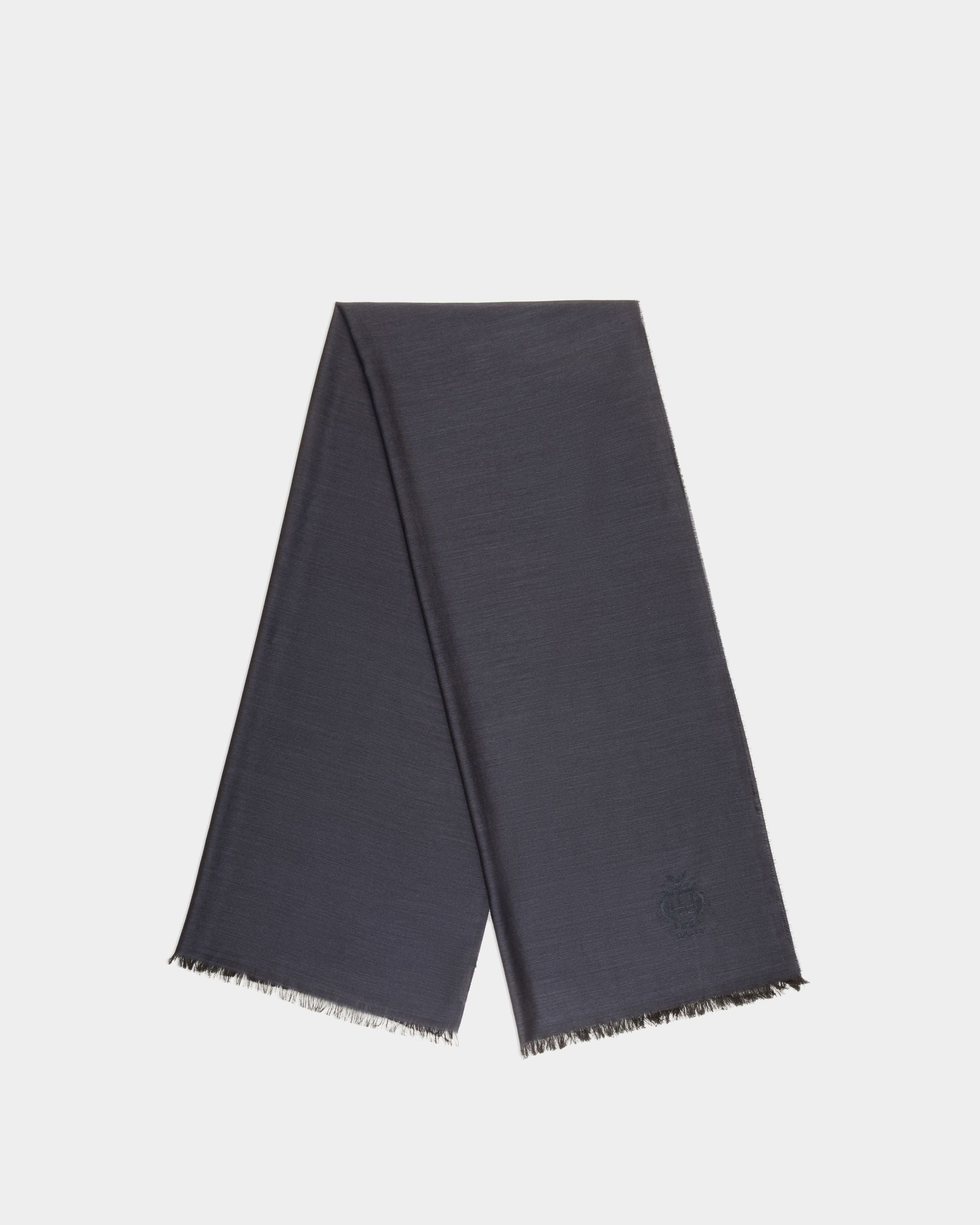 Scarf With a Bally Crest in Navy Blue Silk And Cashmere - Men's - Bally - 01