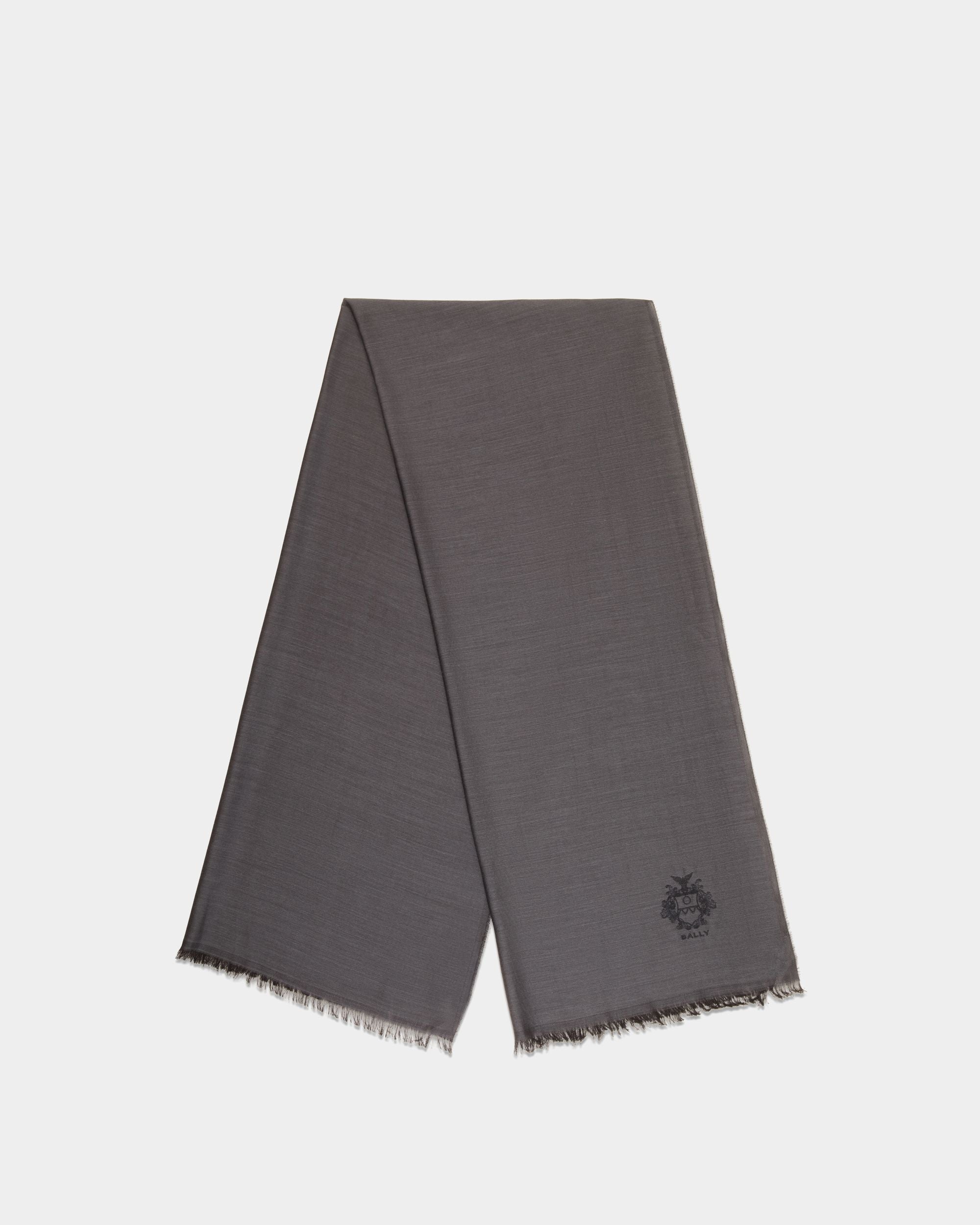 Scarf With a Bally Crest in Dark Grey Silk And Cashmere - Men's - Bally - 01