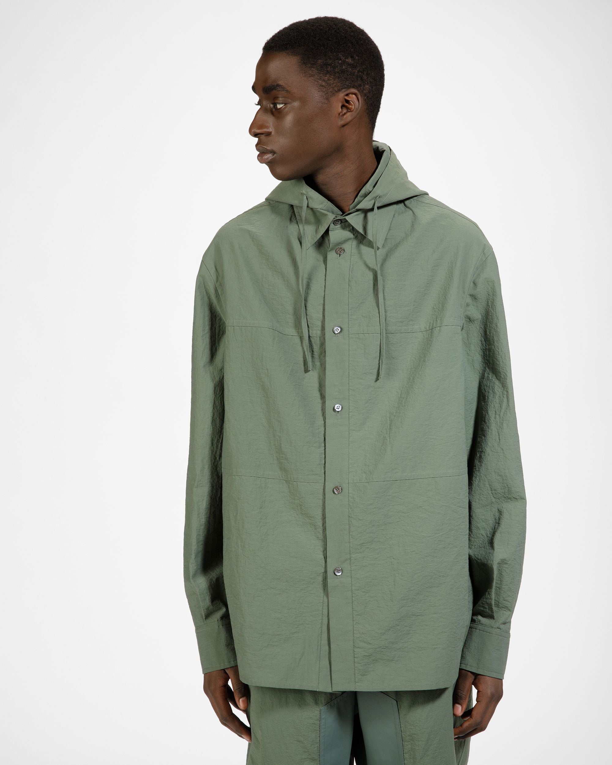 Cotton And Nylon Hooded Shirt Jacket In Sage - Men's - Bally - 01