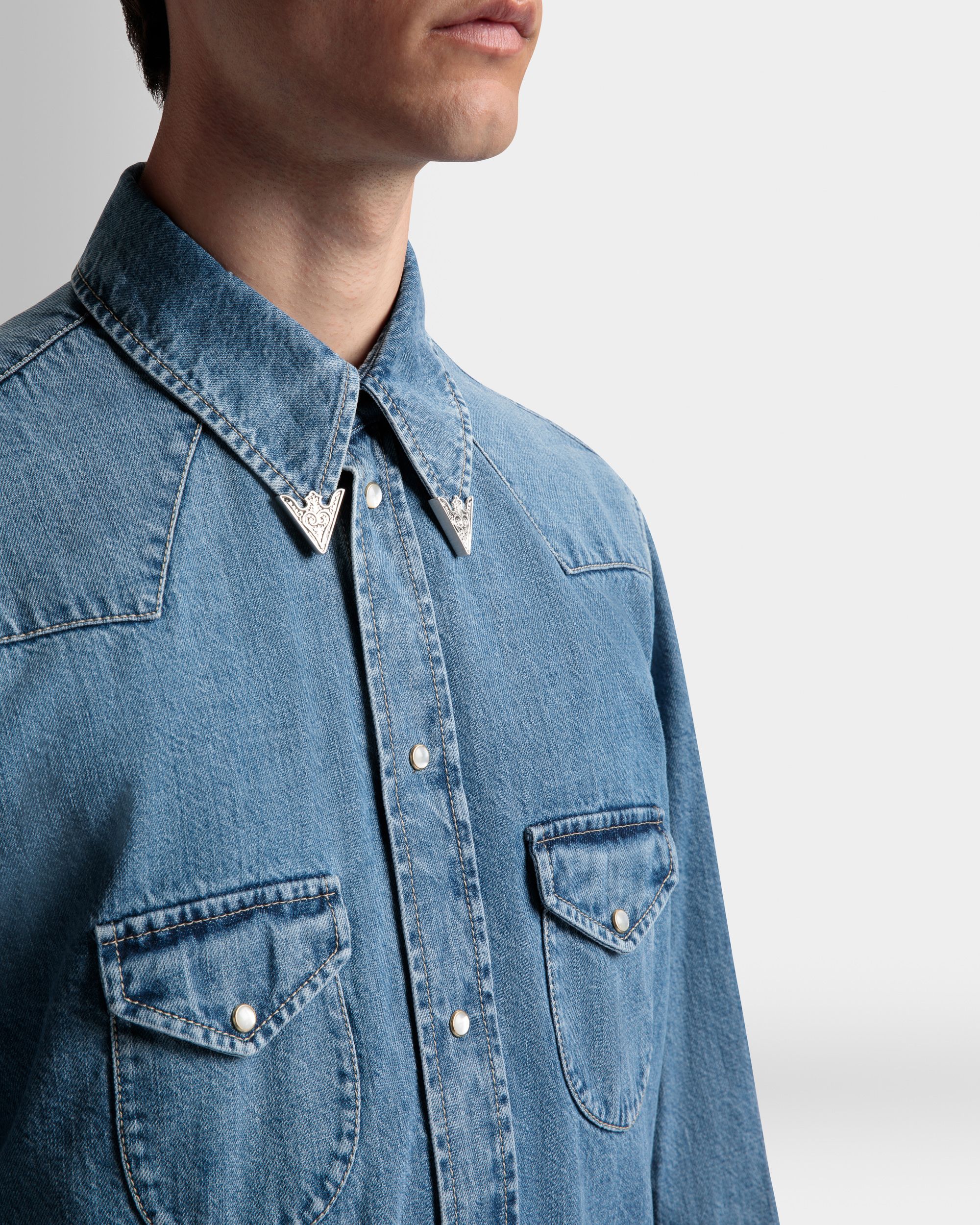 Western Shirt In Light Blue Denim - Men's - Bally - 04