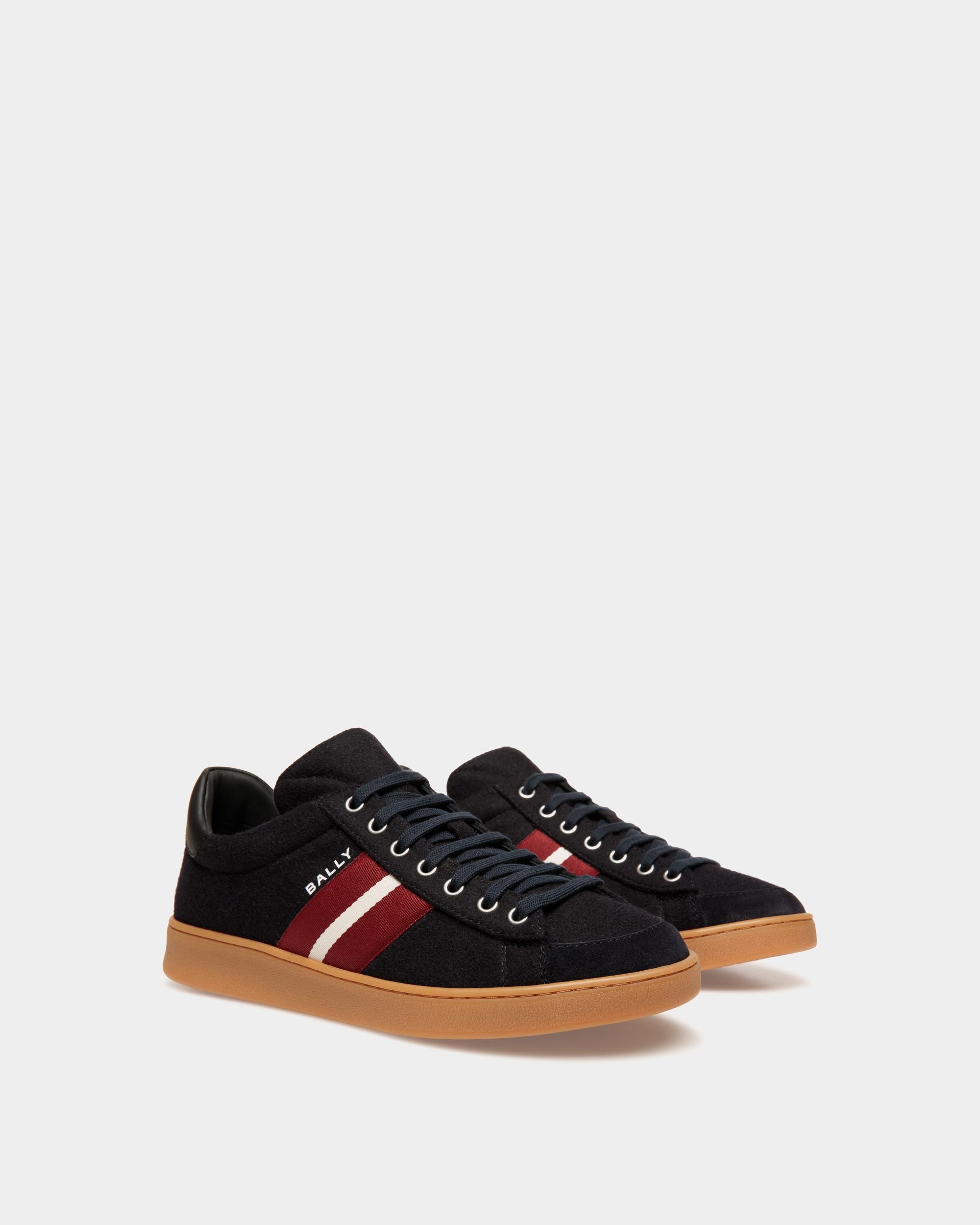 Tennis Sneaker In Navy Blue Wool Fabric and Black Leather - Men's - Bally - 02