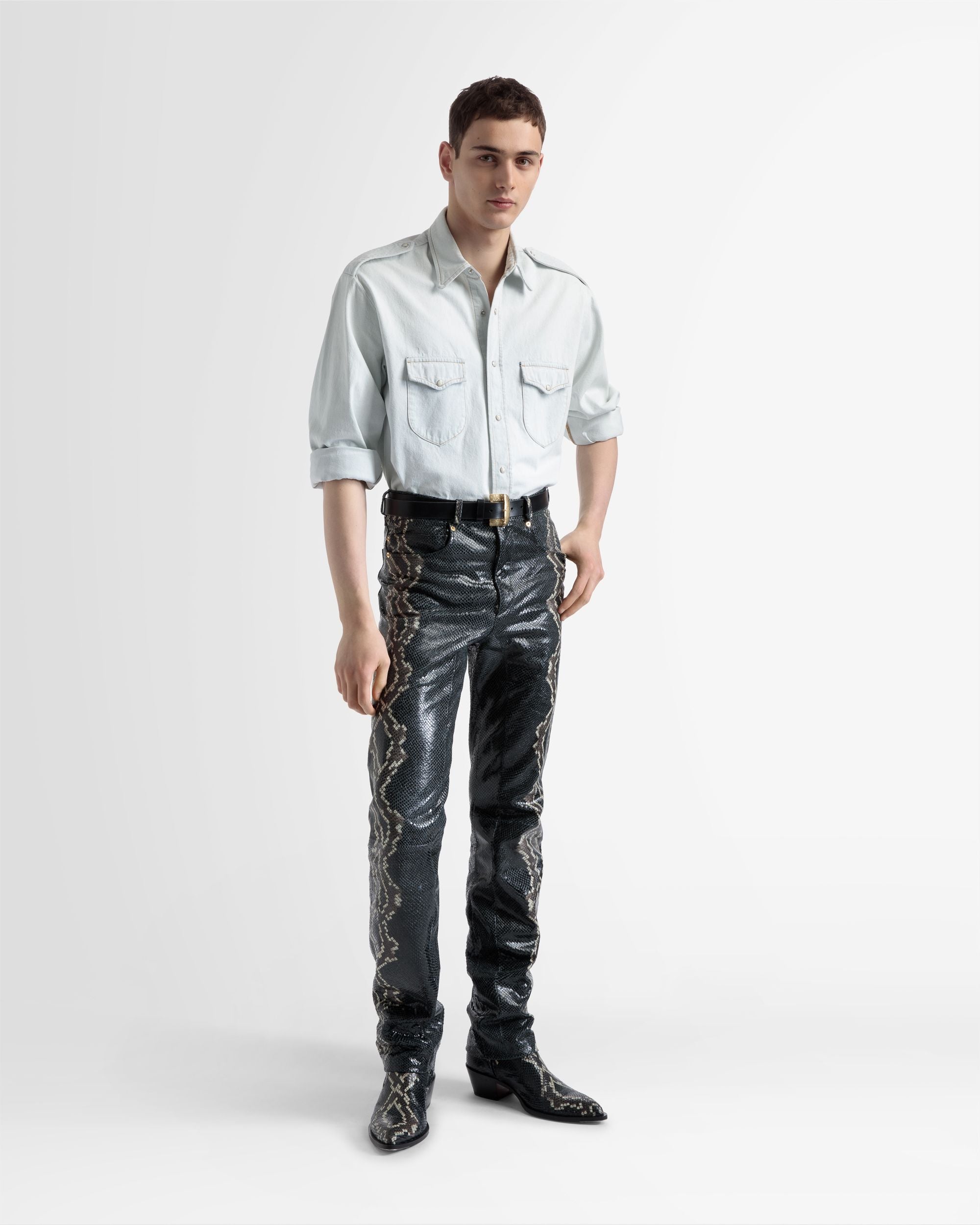Straight Pants In Black Printed Leather - Men's - Bally - 01