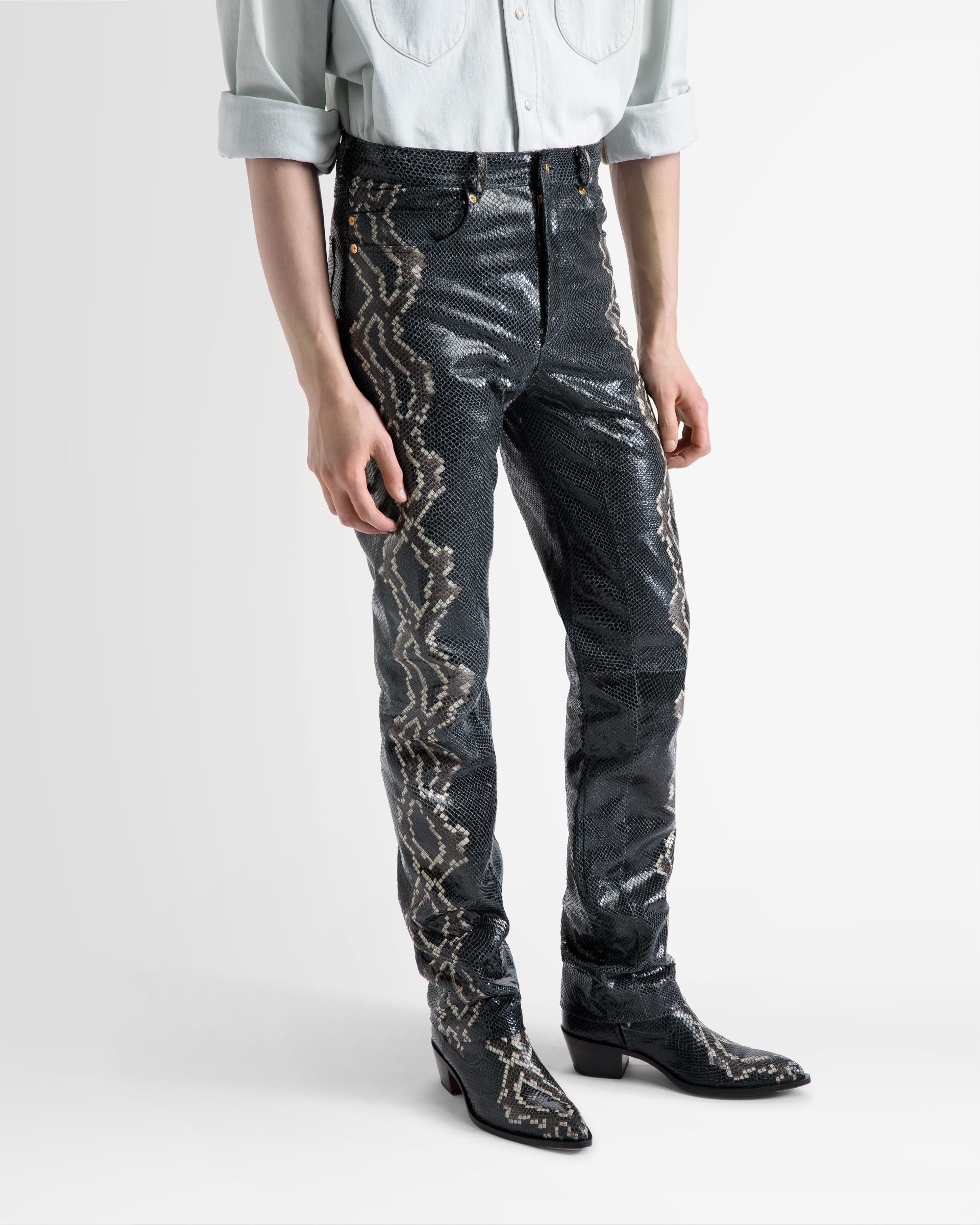Straight Pants In Black Printed Leather - Men's - Bally - 02