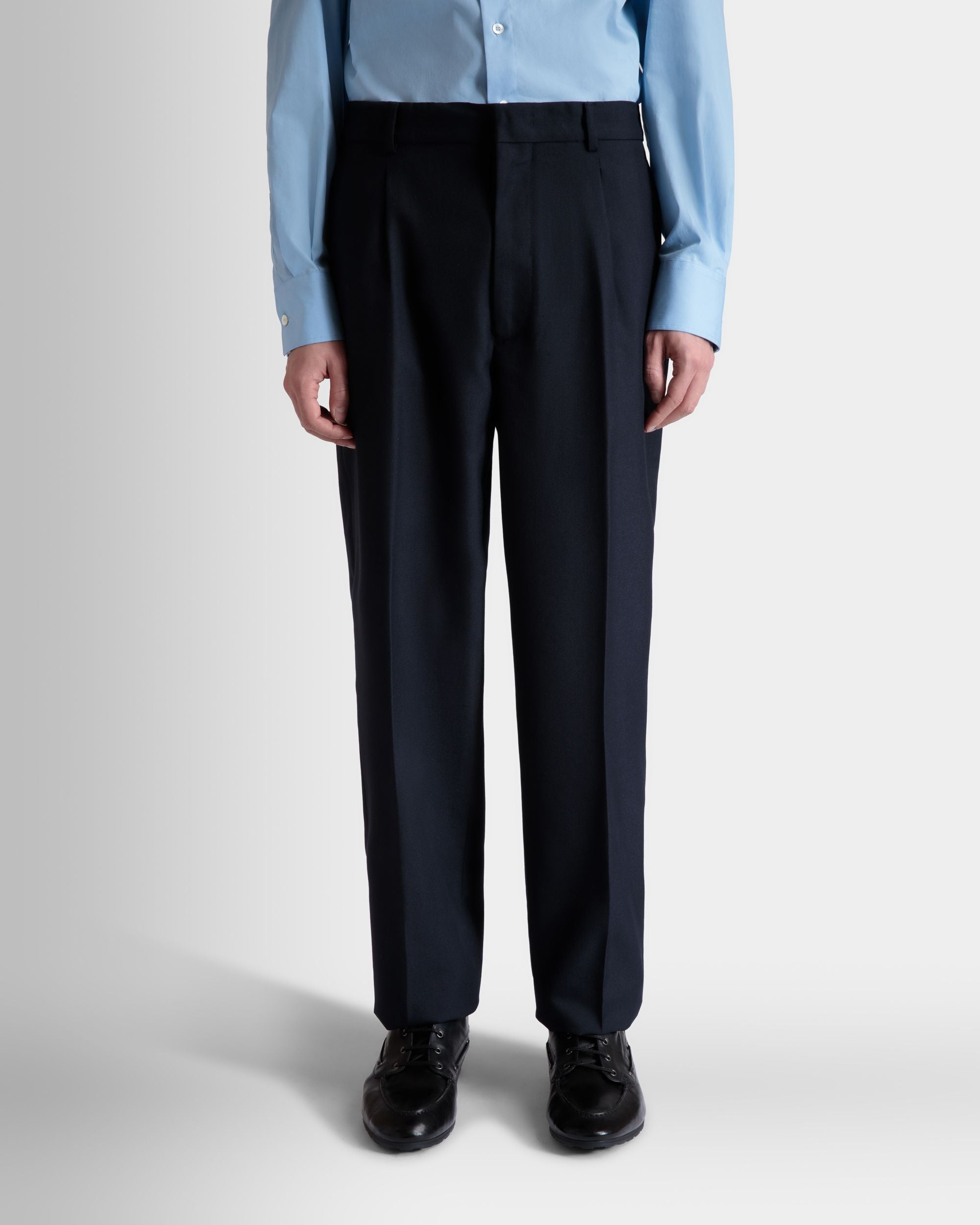 Pleated Pants In Navy Blue Wool Blend - Men's - Bally - 03