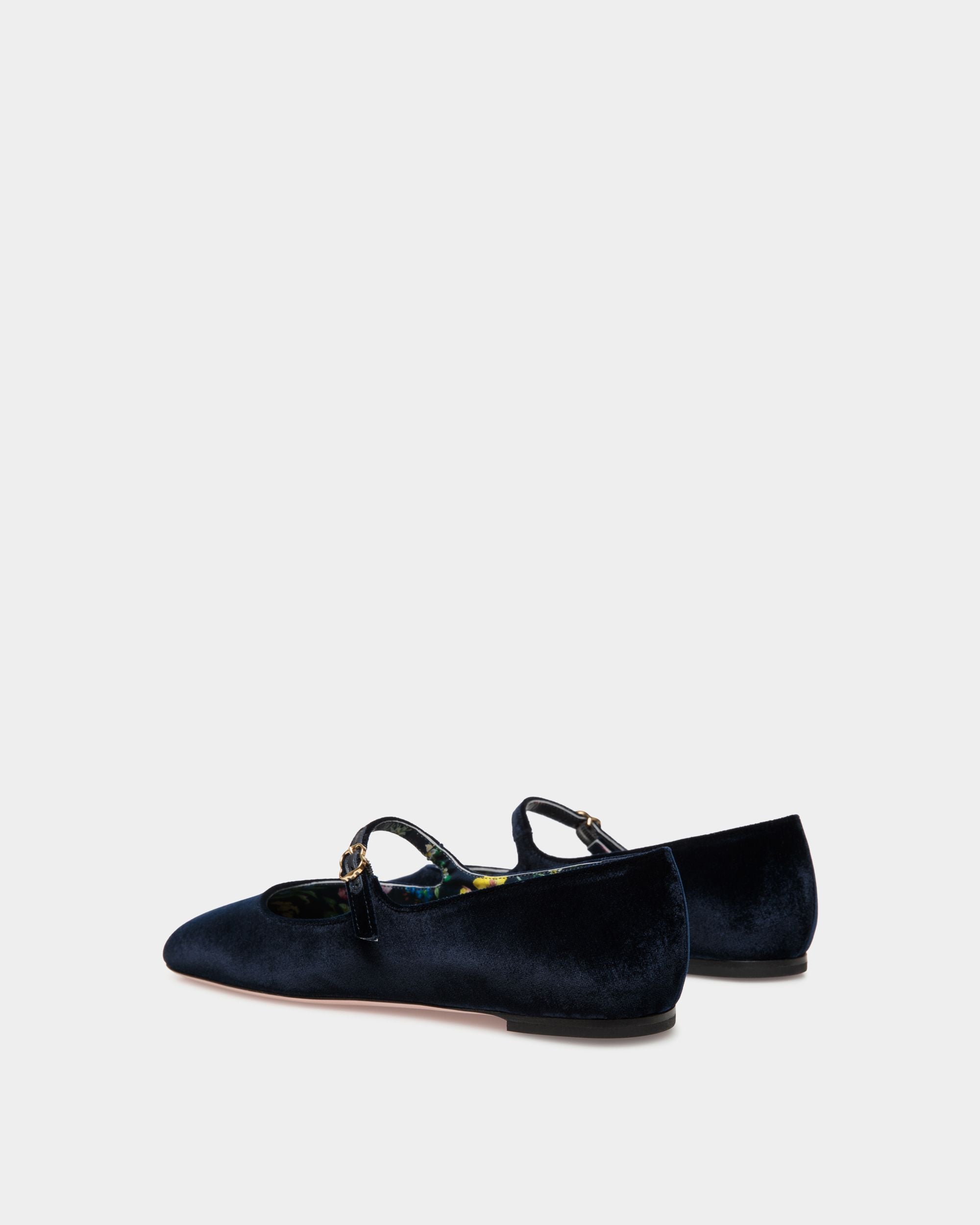 Ballyrina Flat in Navy Blue Velvet Fabric - Women's - Bally - 04