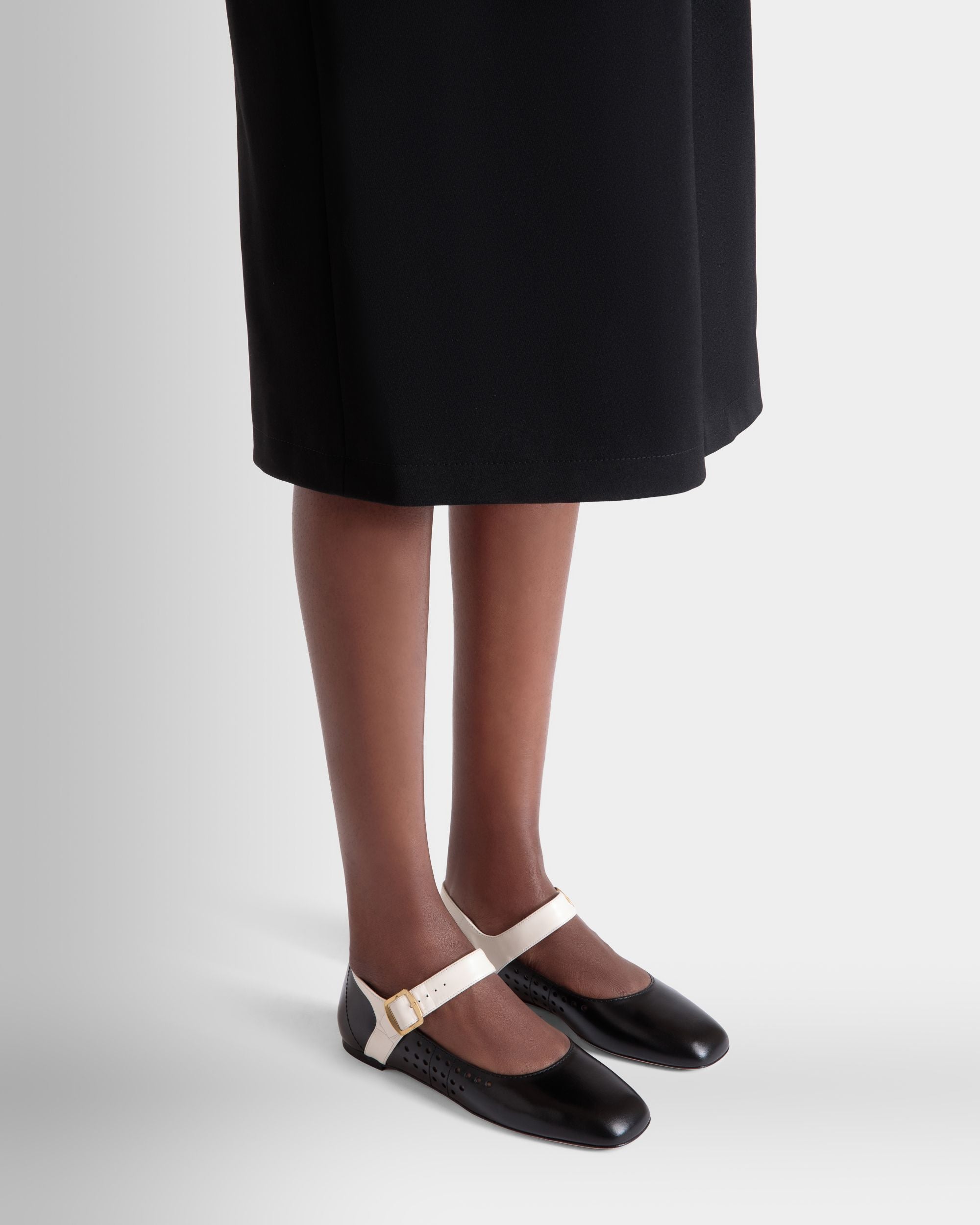 Ballyrina Flat in Black and White Leather - Women's - Bally - 02