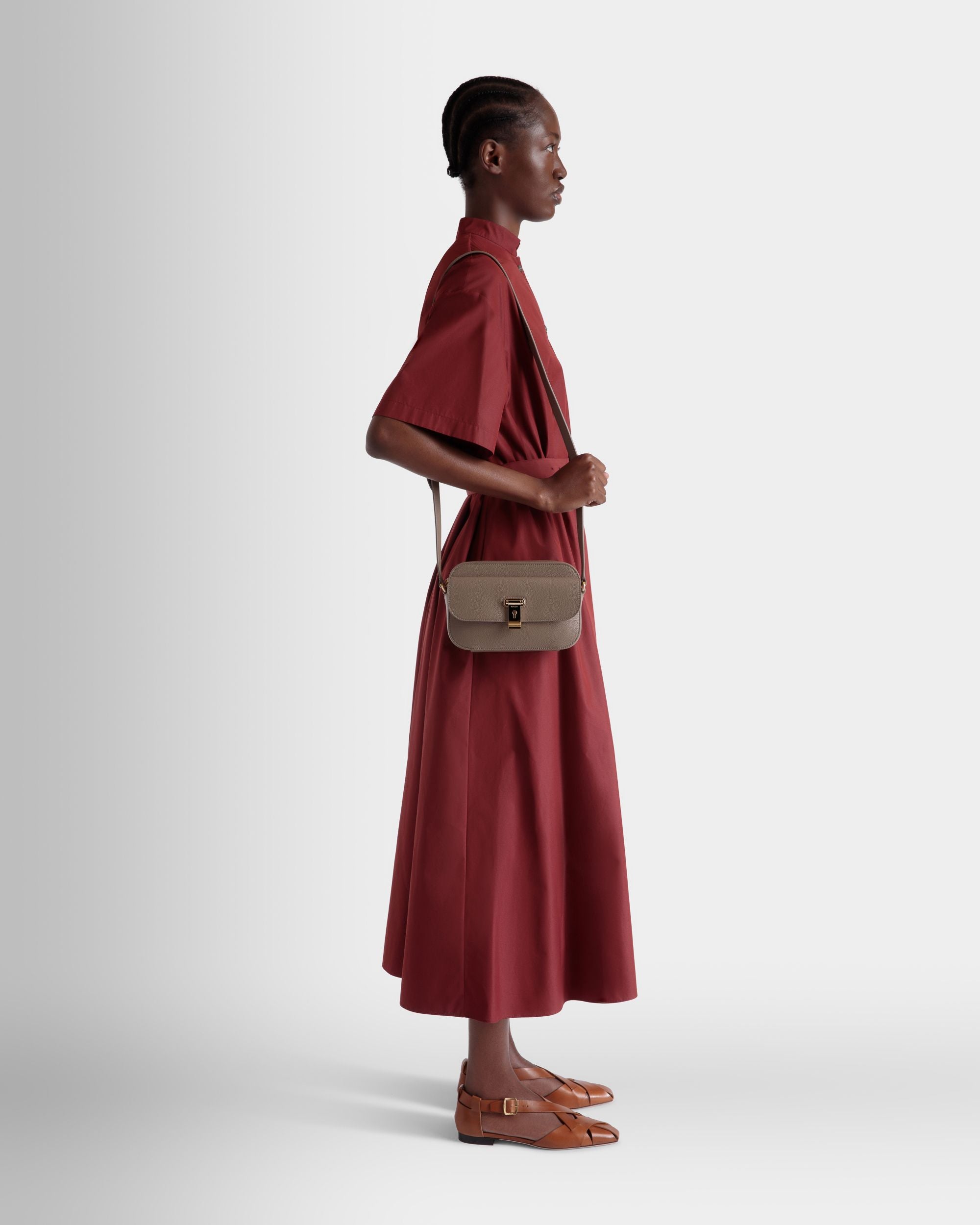 Lock Me Small Crossbody Bag in Taupe Grained Leather - Women's - Bally - 02