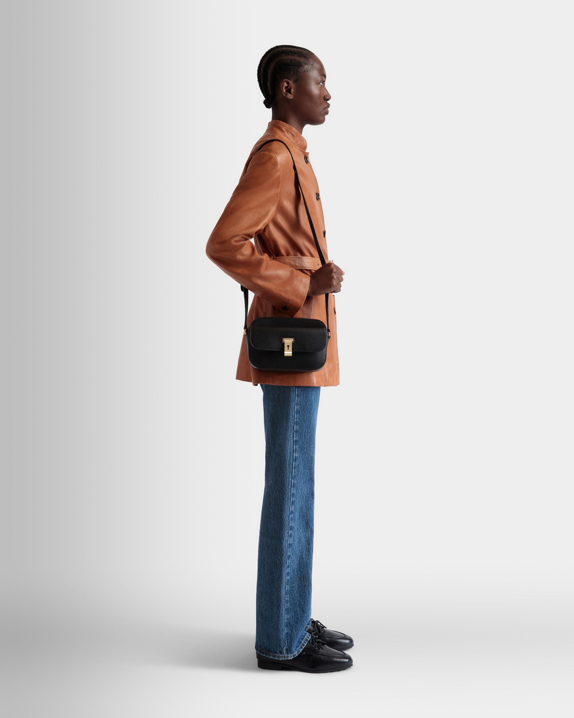 Lock Me Small Crossbody Bag in Black Grained Leather - Women's - Bally - 02