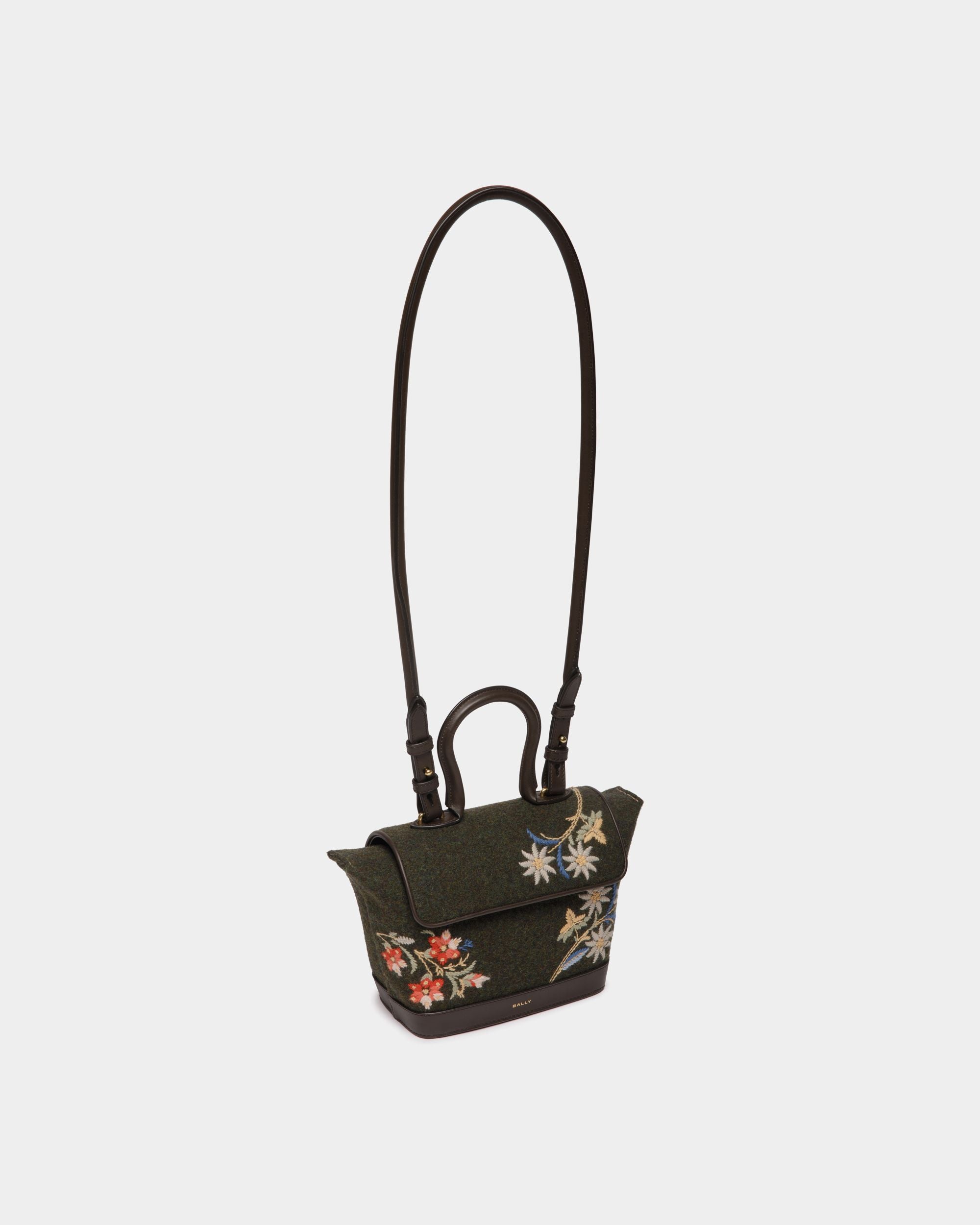 Winter Capsule Top Handle Bag in Dark Green Wool and Ebano Leather With Alpine Flowers - Women's - Bally - 05