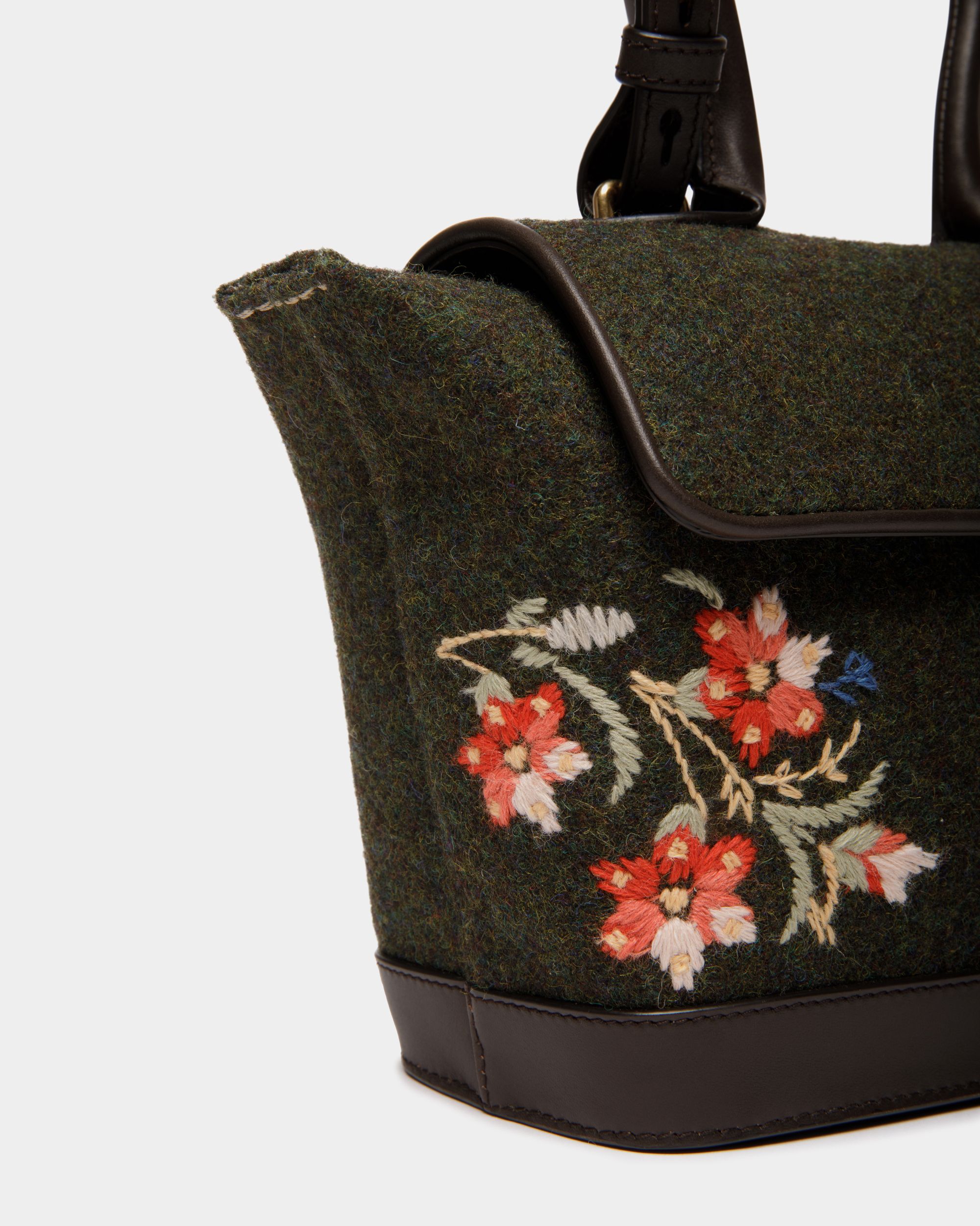 Winter Capsule Top Handle Bag in Dark Green Wool and Ebano Leather With Alpine Flowers - Women's - Bally - 06