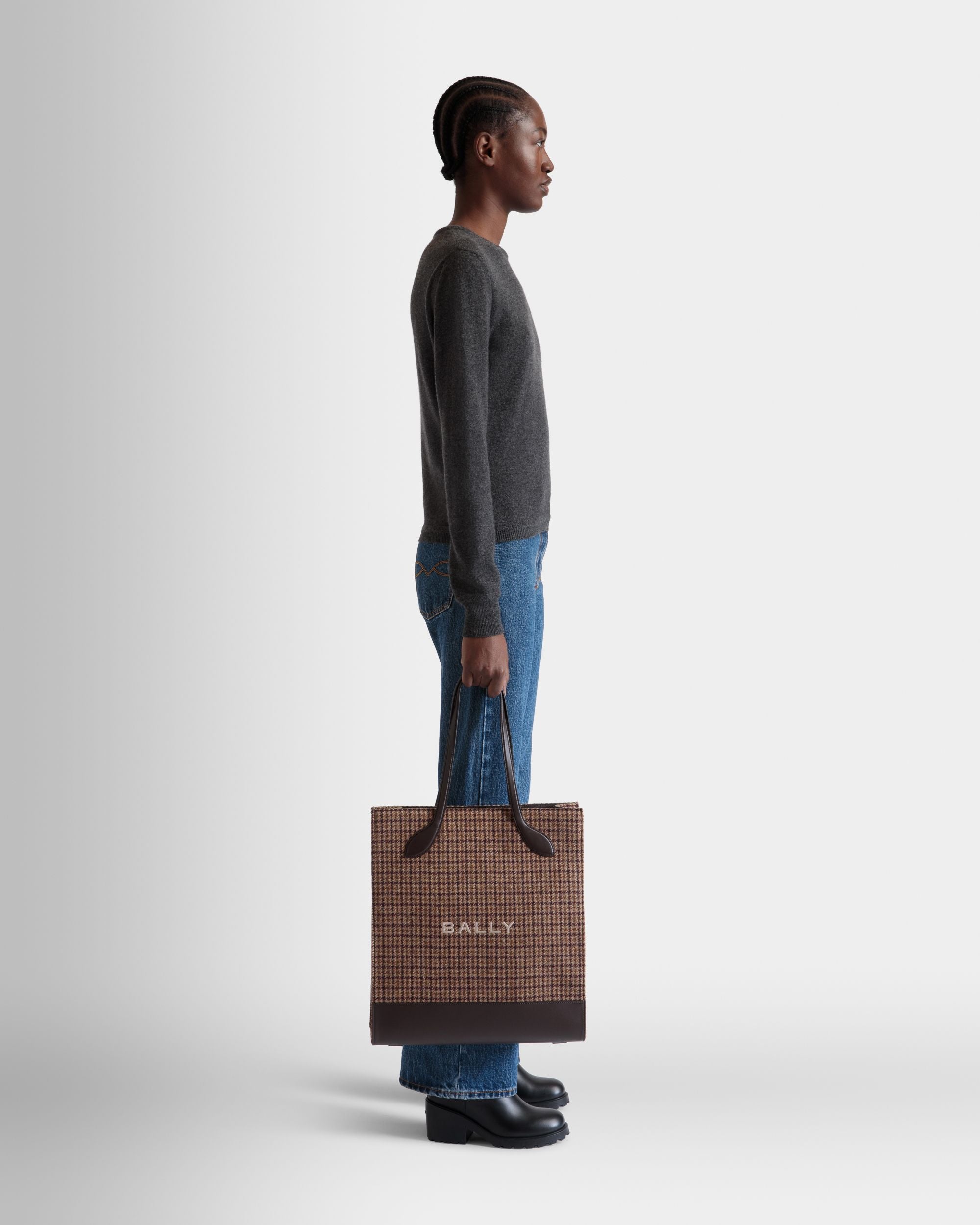 Bar Tote Bag in Multibrown Check Wool And Leather - Women's - Bally - 02