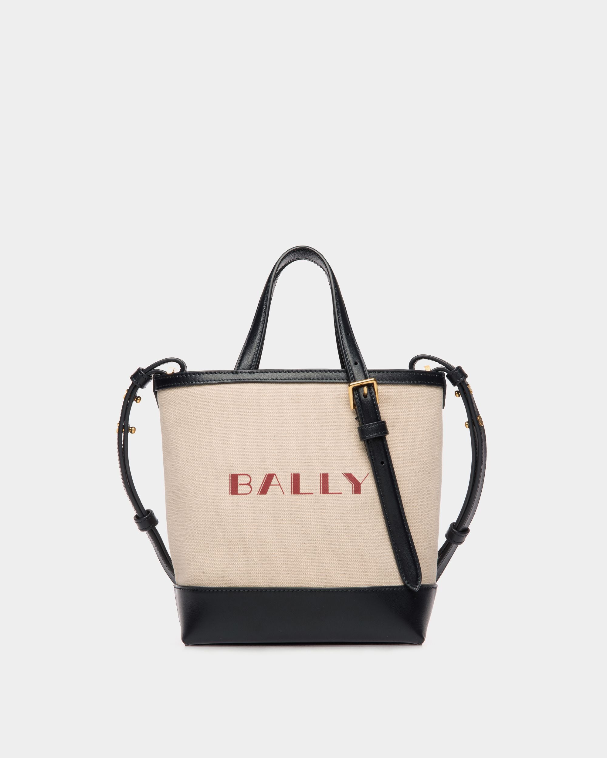Summer Capsule Small Tote Bag In Natural And Navy Blue Canvas And Leather - Women's - Bally - 01