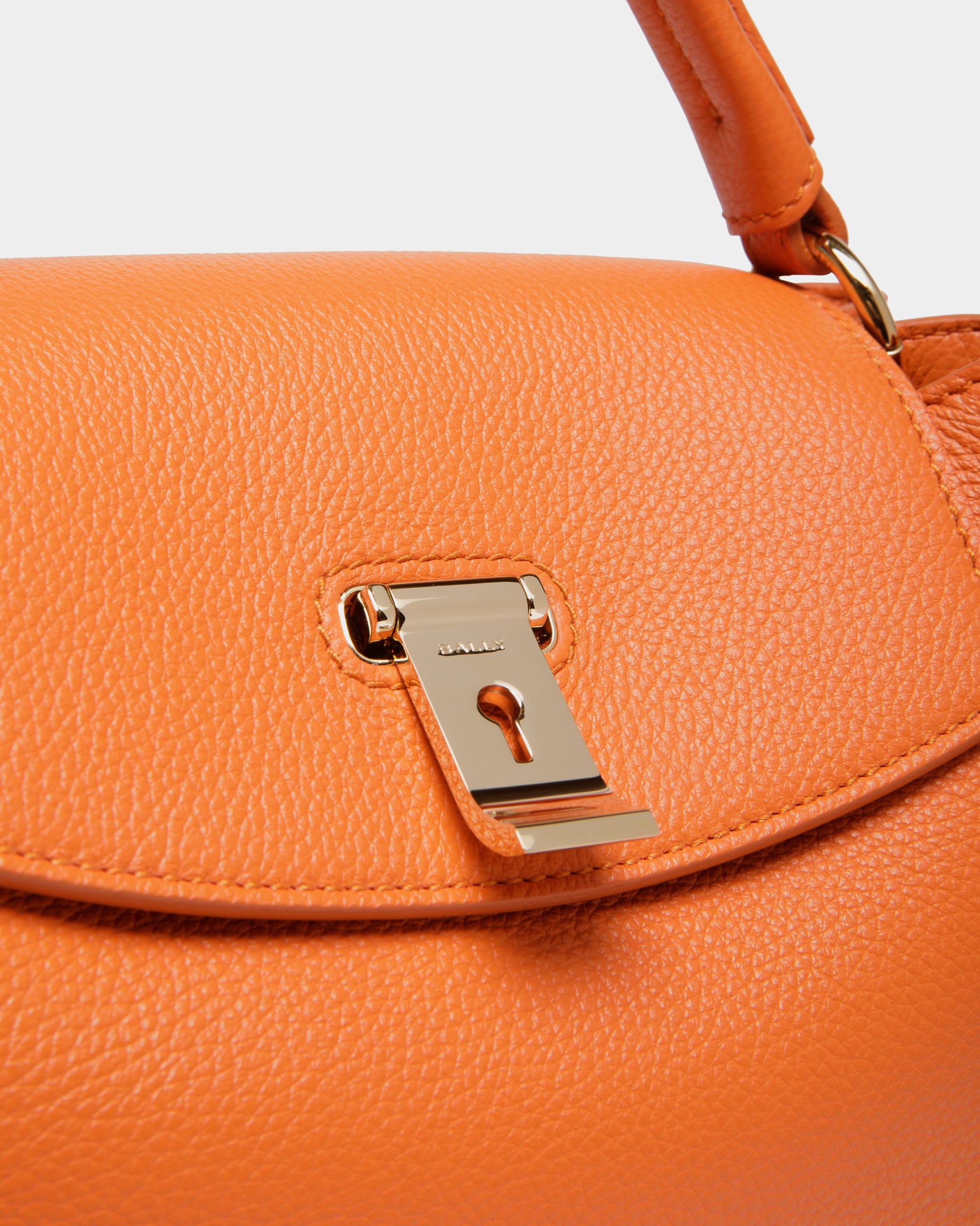Lock Me Small Top Handle Bag in Koi Orange Grained Leather - Women's - Bally - 06