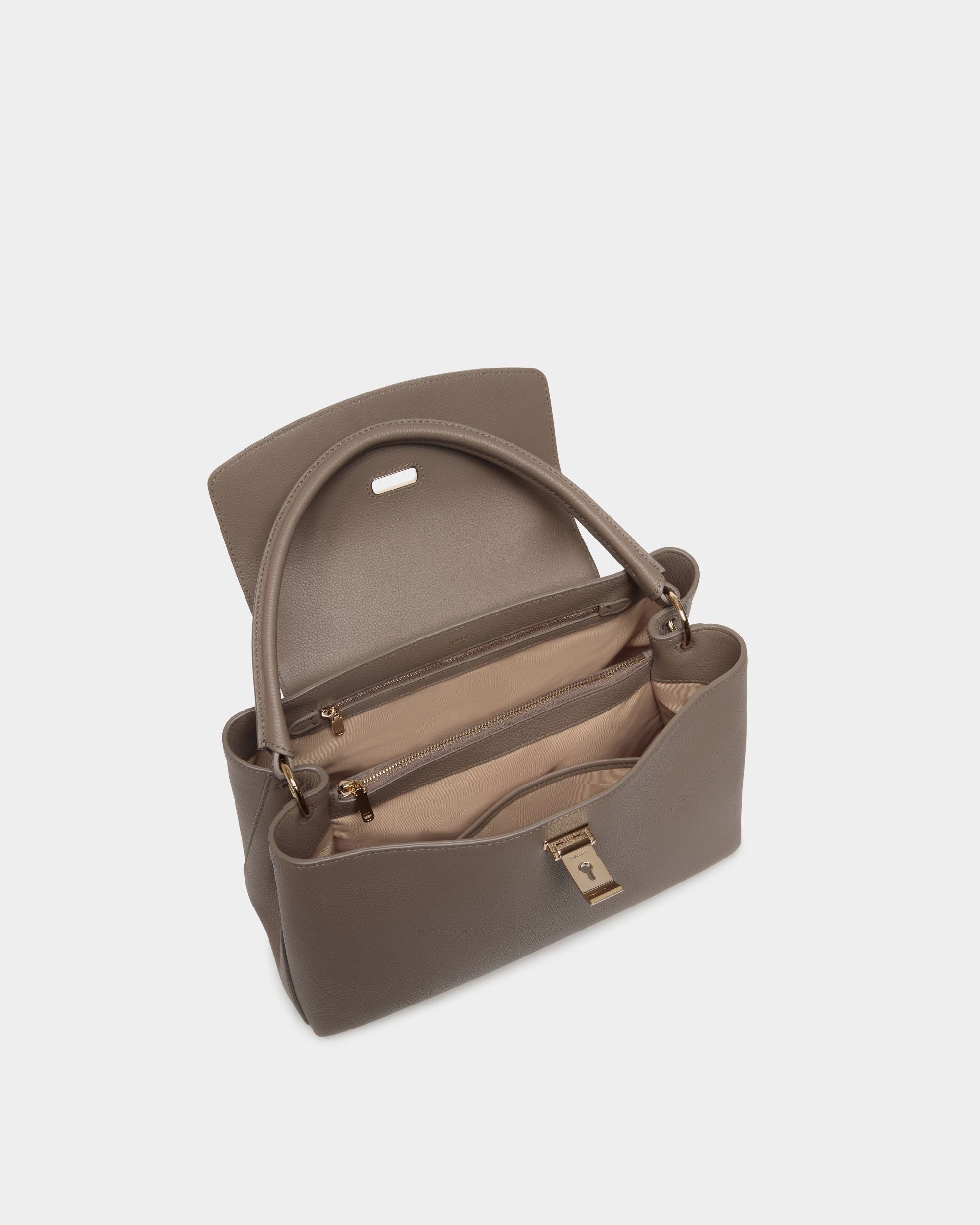 Lock Me Top Handle Bag In Taupe Grained Leather - Women's - Bally - 05