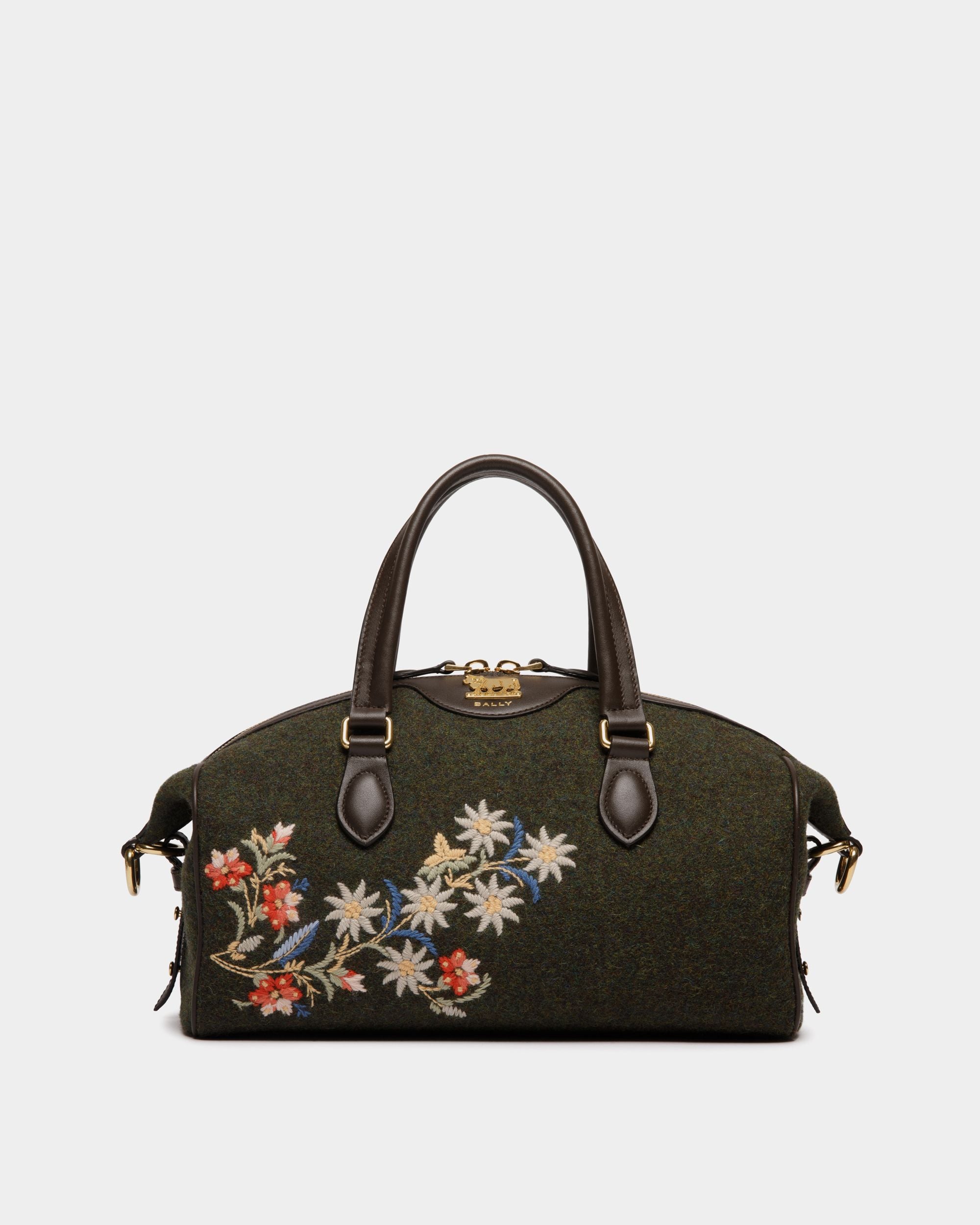 Winter Capsule Top Handle Bag in Dark Green and Ebano Wool and Leather With Alpine Flowers - Women's - Bally - 01