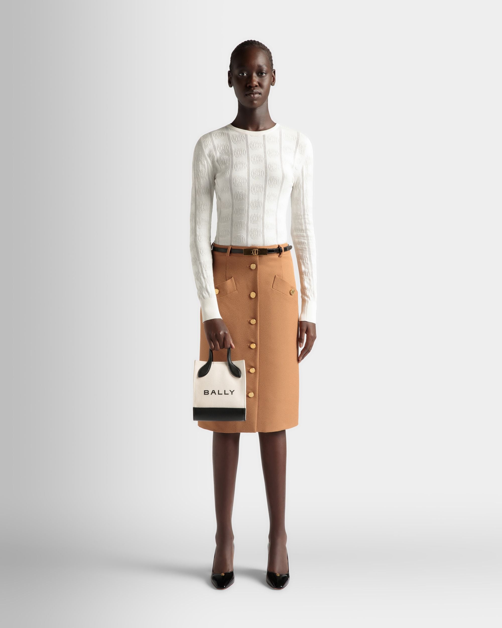 Bar Mini Tote Bag in Neutral And Black Canvas And Leather - Women's - Bally - 02
