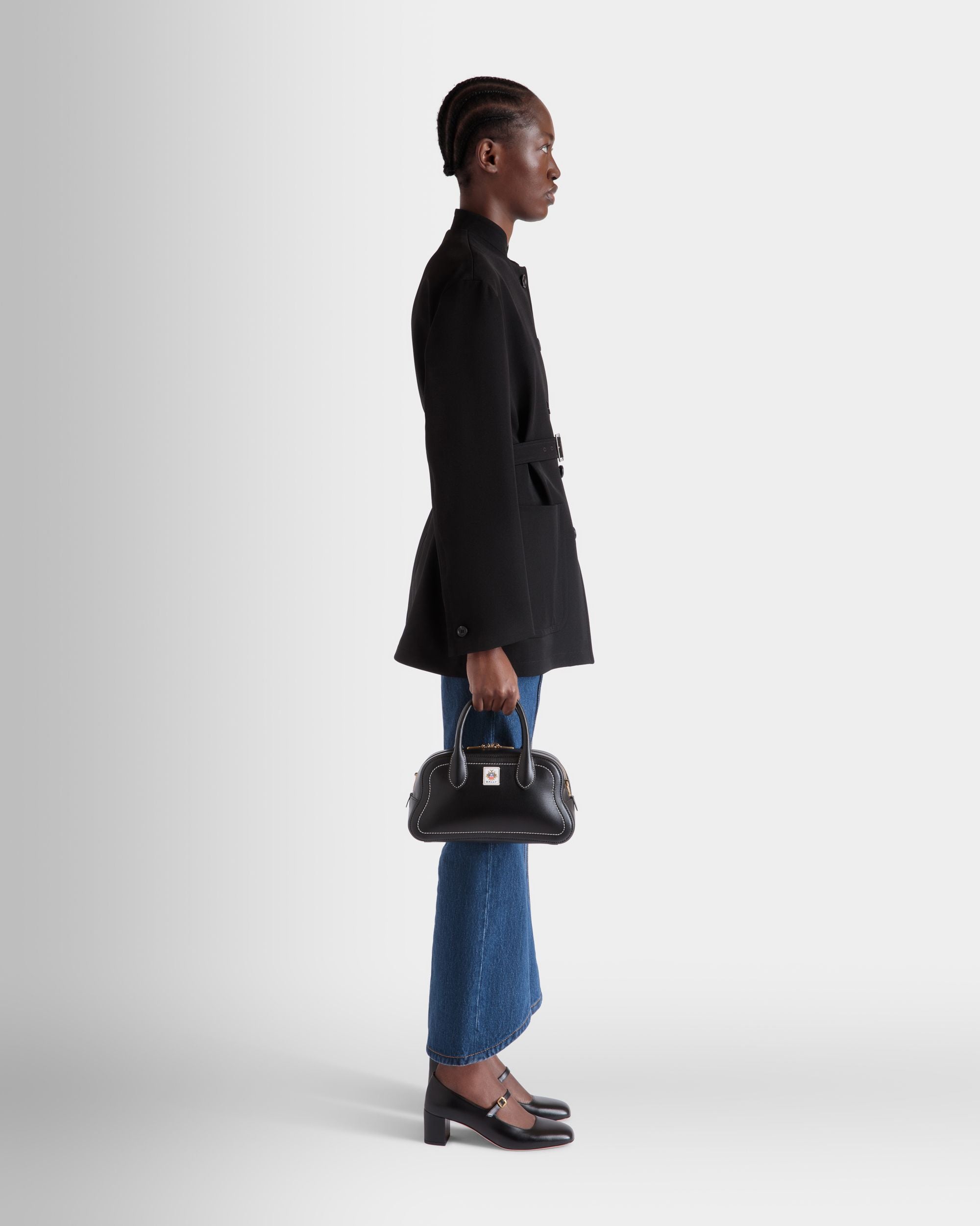 Unda Top Handle Bag in Black Grained Leather - Women's - Bally - 02