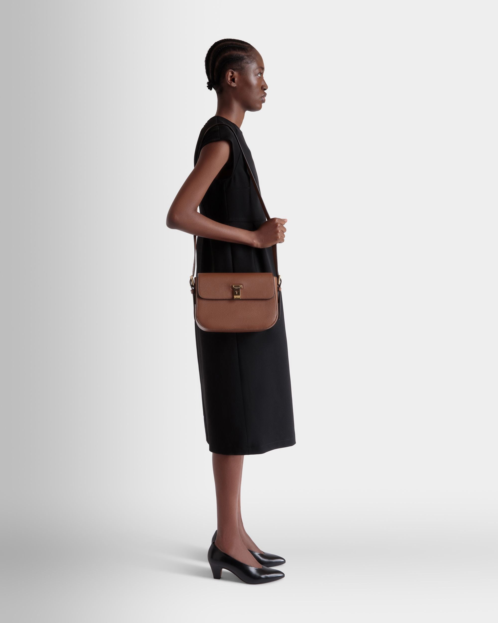 Lock Me Shoulder Bag in Brown Grained Leather - Women's - Bally - 02