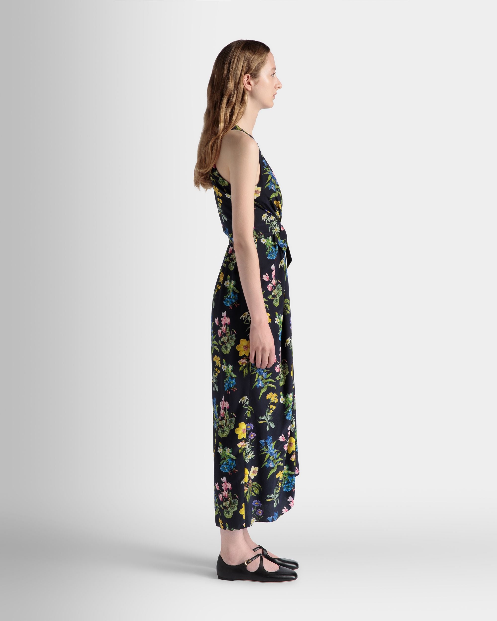 Sleeveless Midi Dress In Mountain Flower Print Silk - Women's - Bally - 06