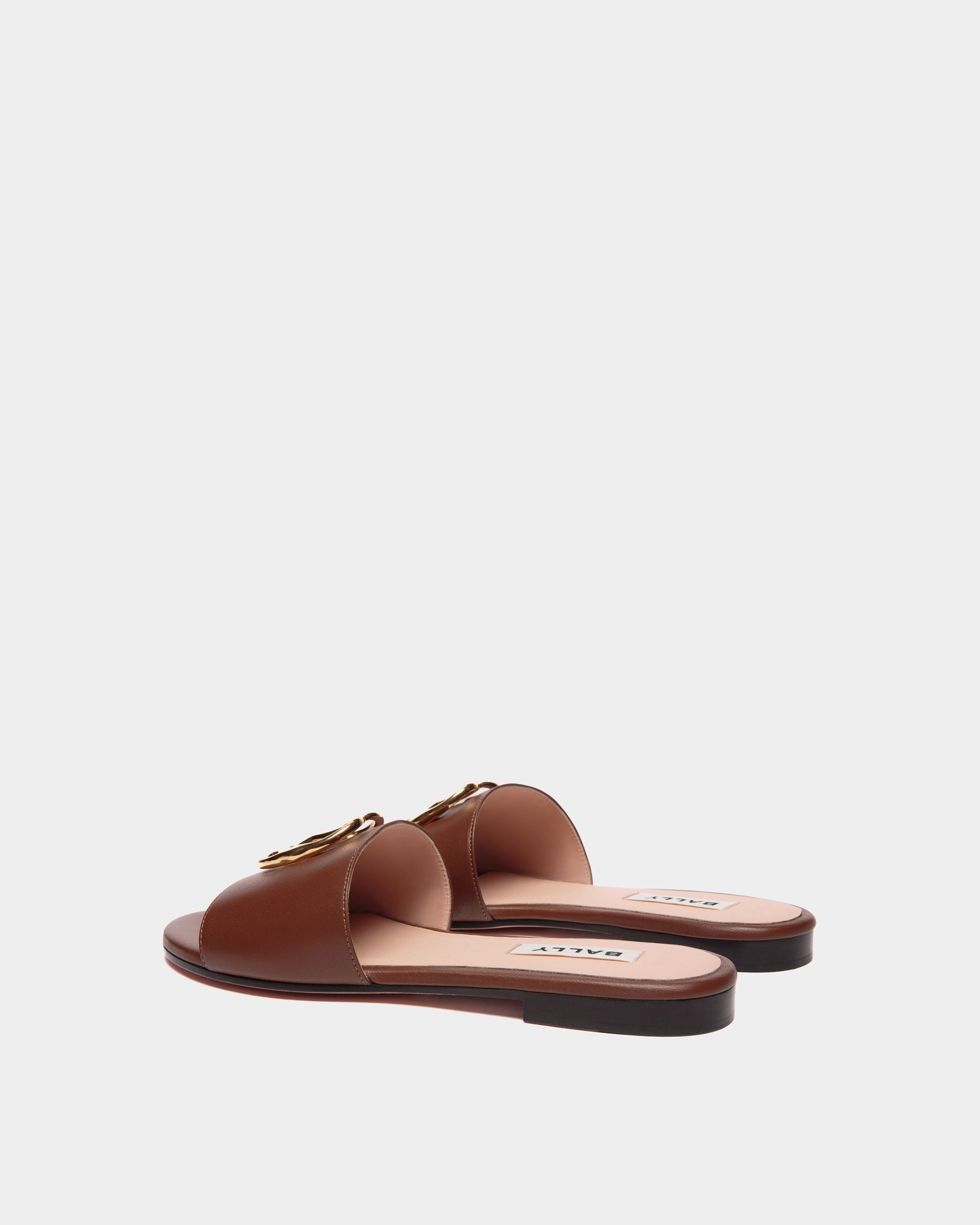 Emblem Flat Slide in Brown Nappa Leather - Women's - Bally - 03