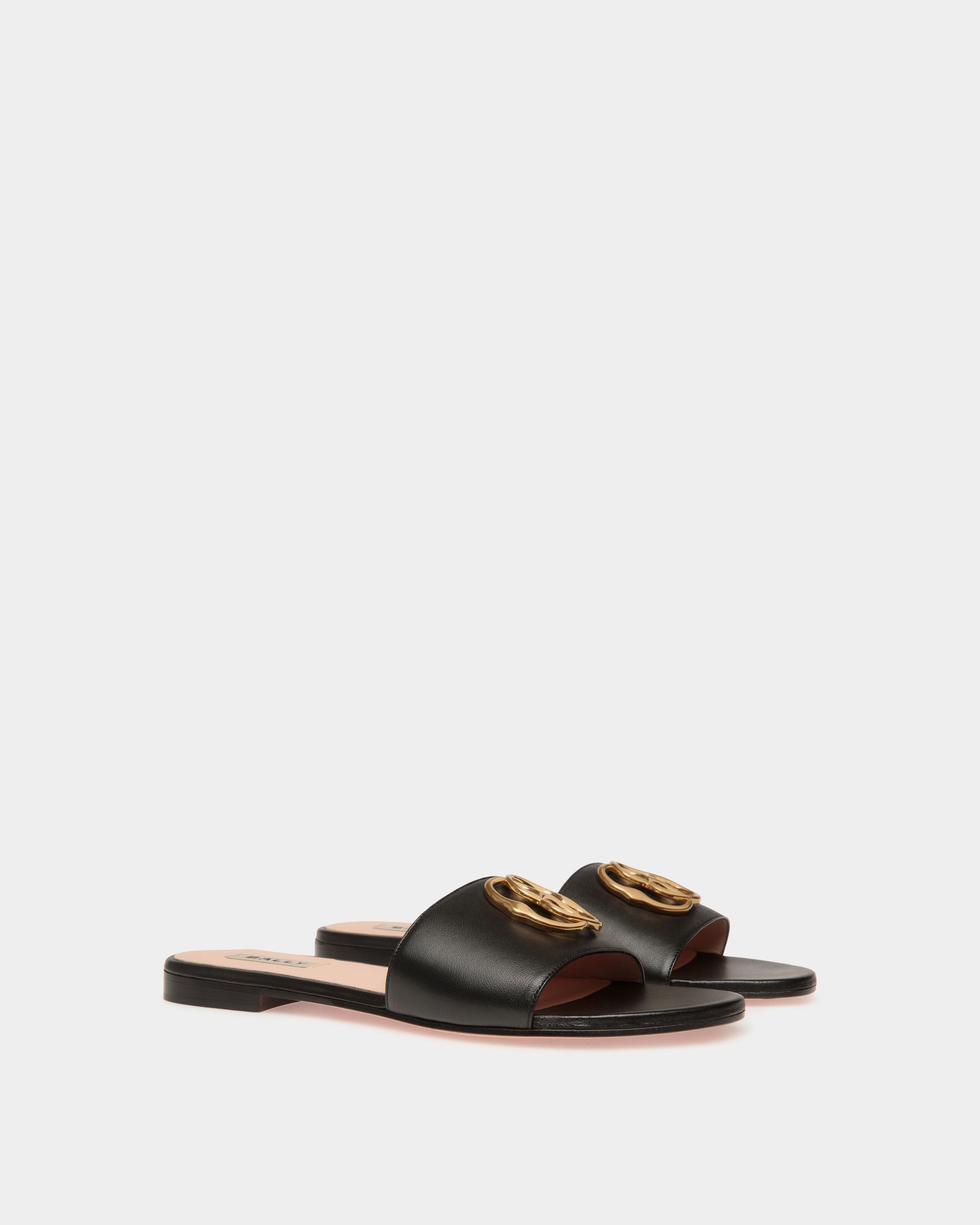 Emblem Flat Slide in Black Nappa Leather - Women's - Bally - 03