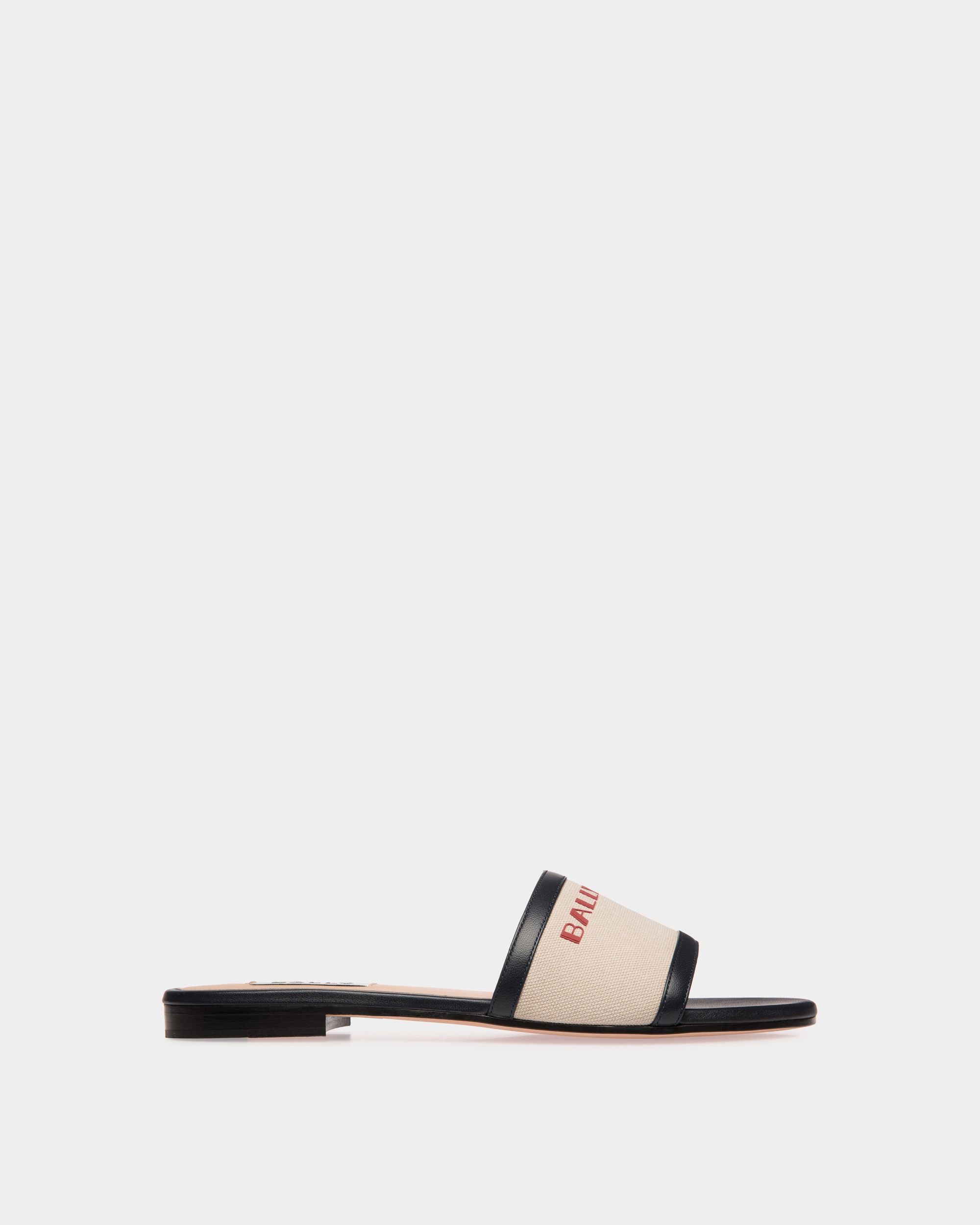 Summer Capsule Slide In Natural And Navy Blue Canvas And Leather - Women's - Bally - 01