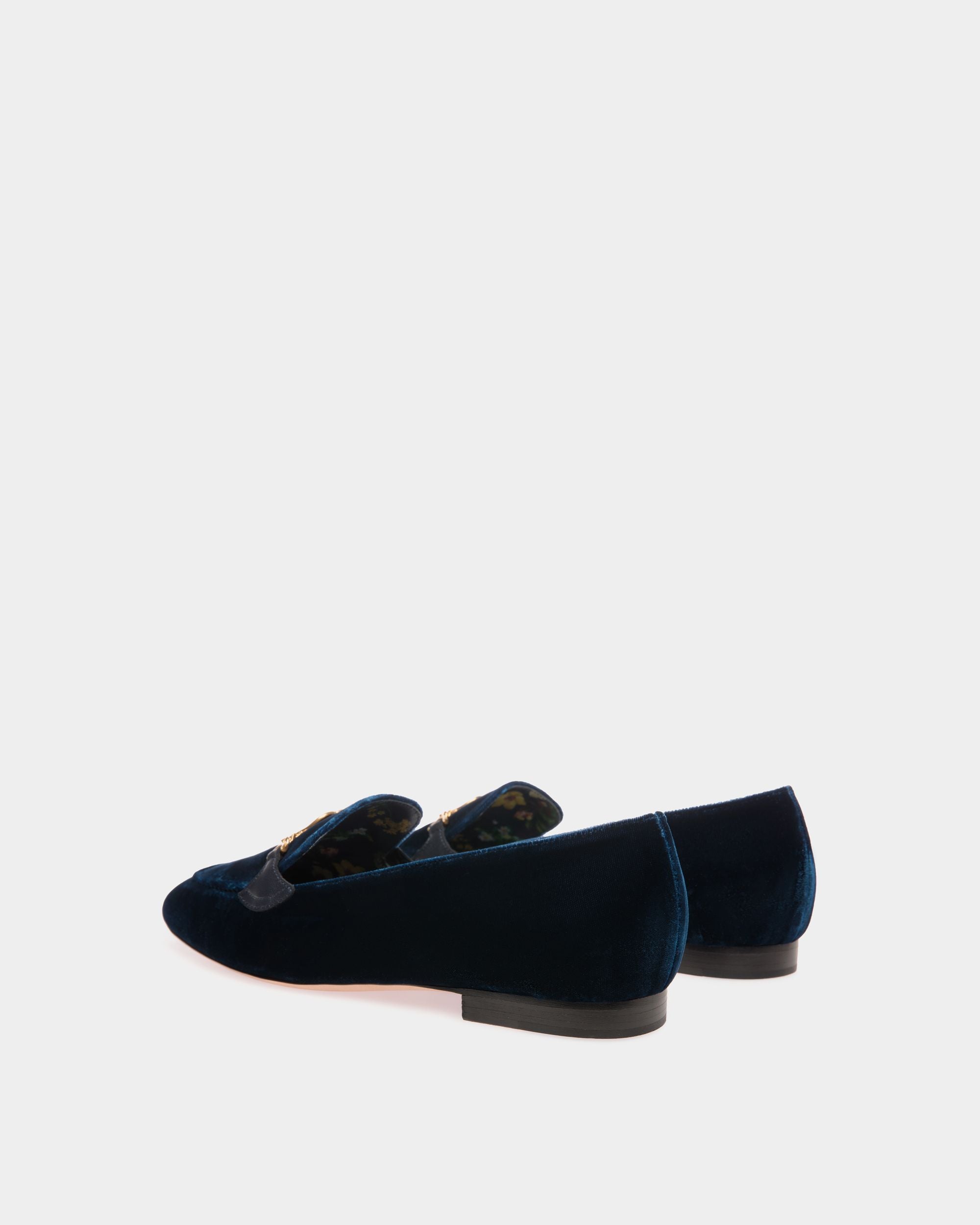 Daily Emblem Loafer in Navy Blue Velvet Fabric - Women's - Bally - 04