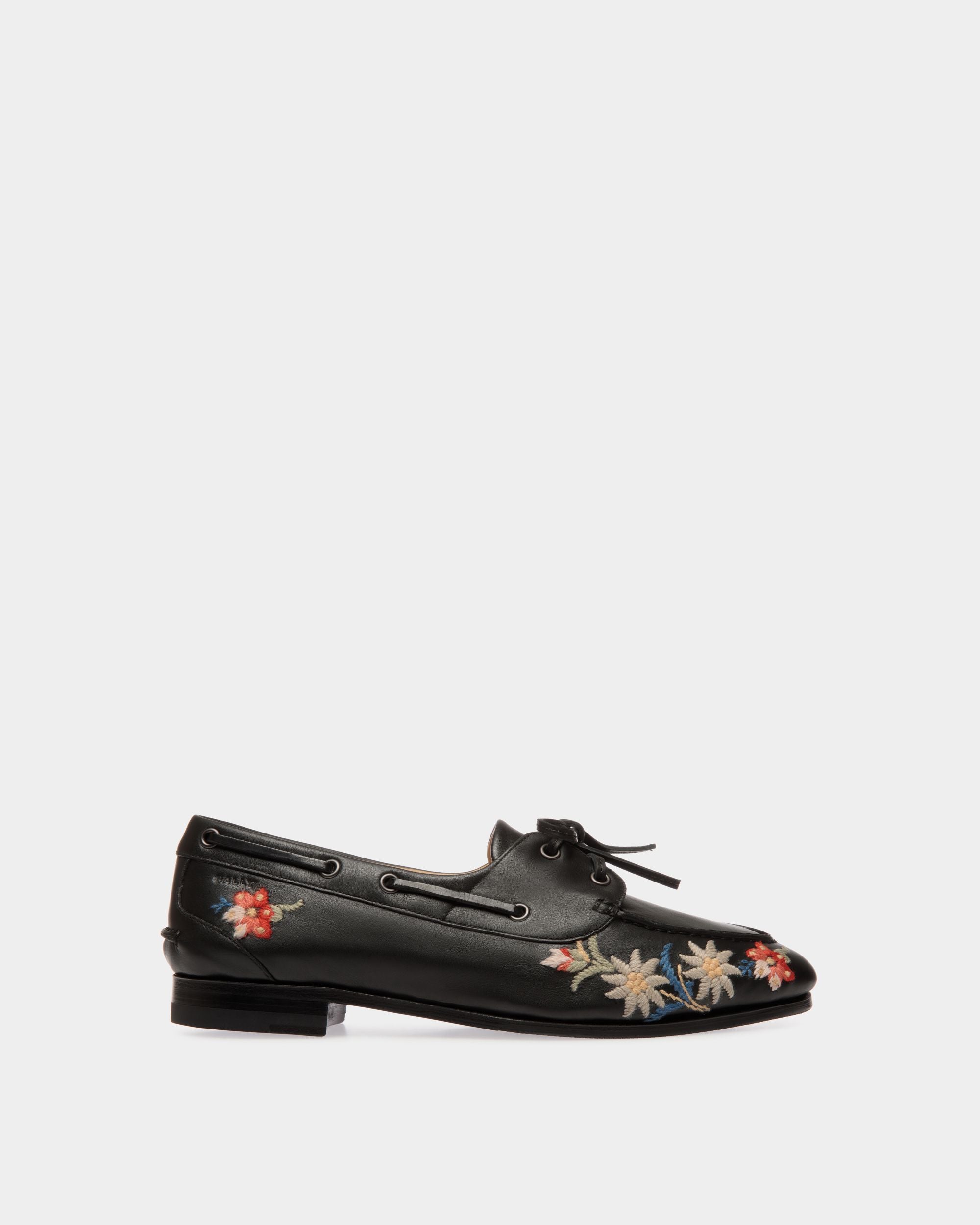 Winter Capsule Moccasin in Black Leather With Alpine Flowers - Women's - Bally - 01
