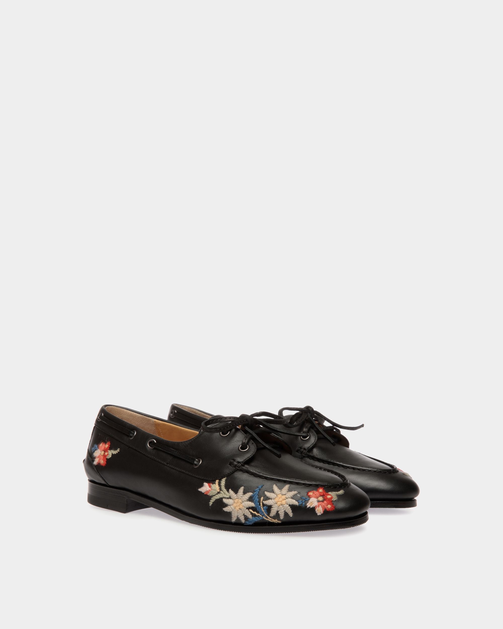 Winter Capsule Moccasin in Black Leather With Alpine Flowers - Women's - Bally - 02